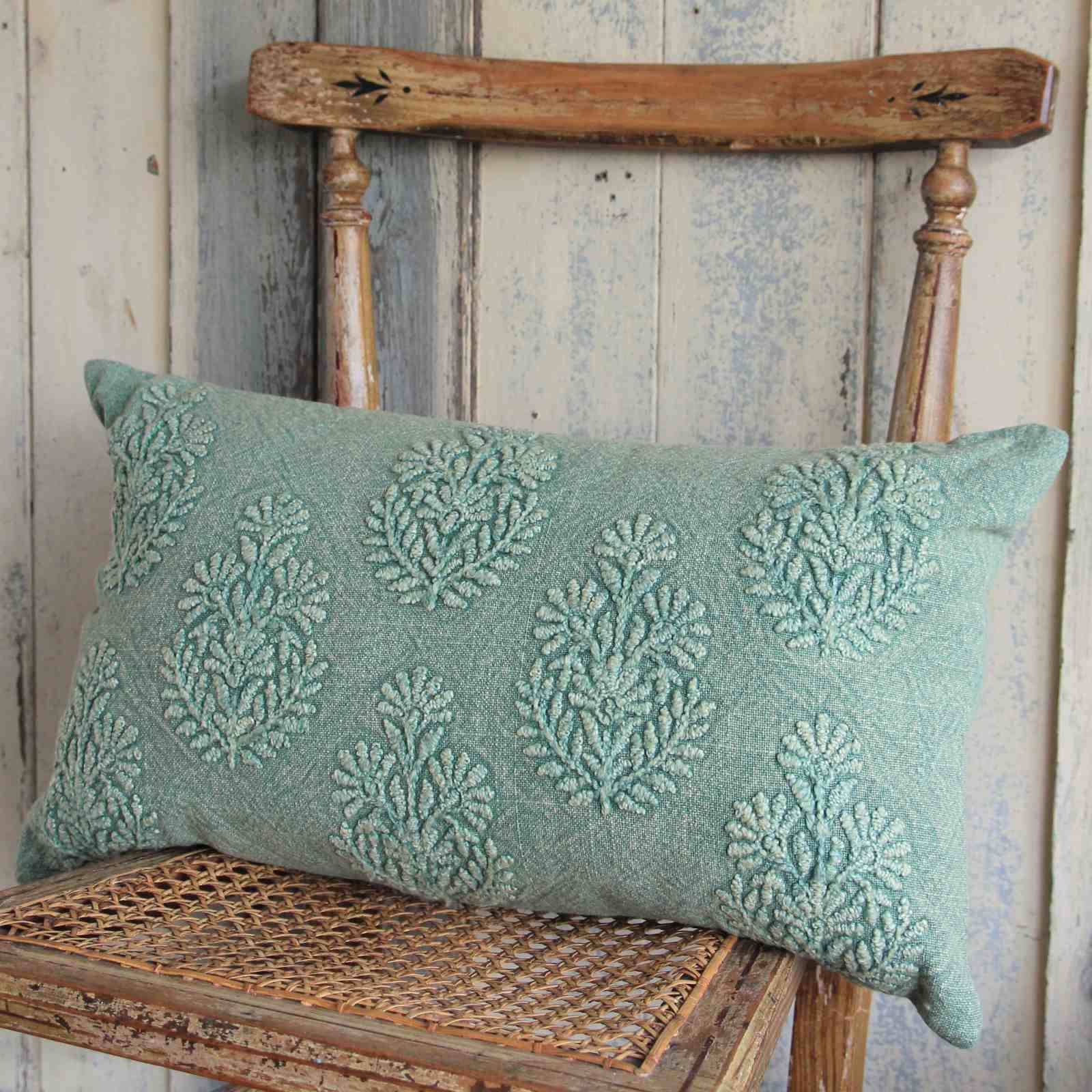 Stonewashed Embroidered Cushion - Sage