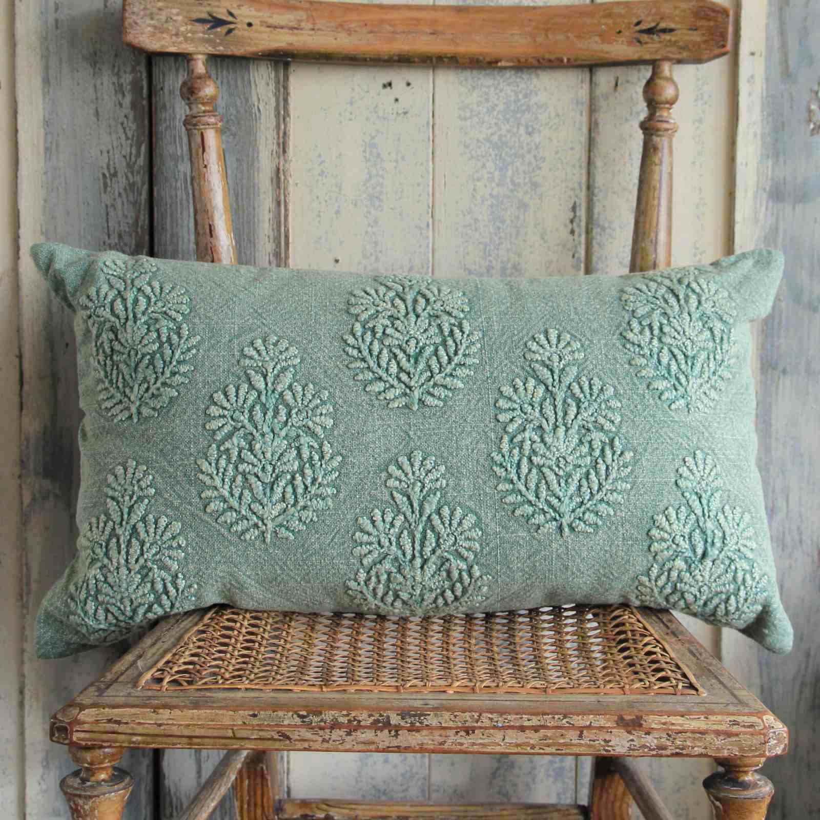 Stonewashed Embroidered Cushion - Sage