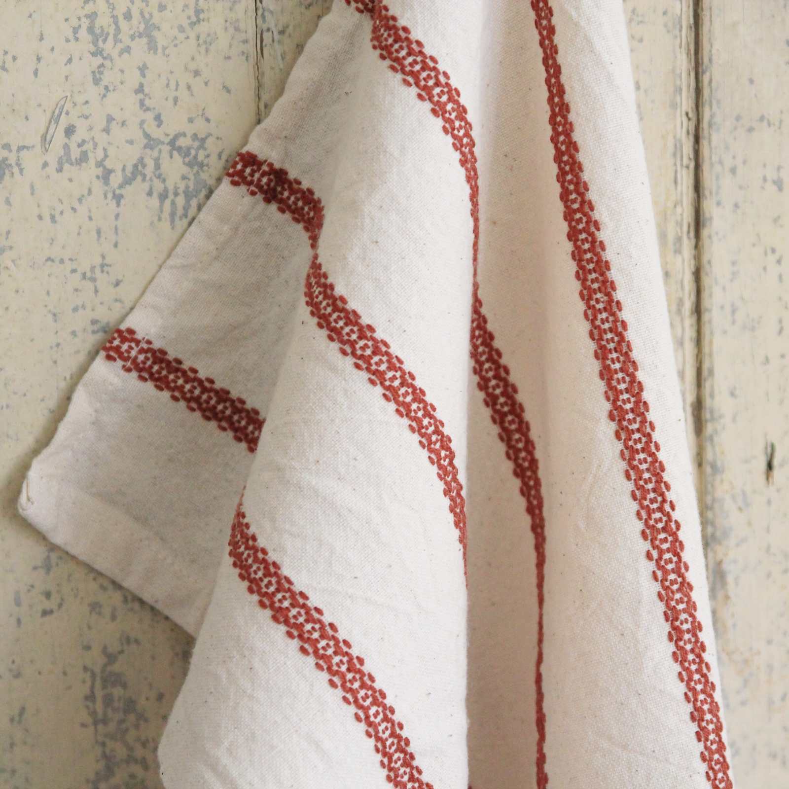 Tea Towel - Natural with Embroidered Rust Stripes