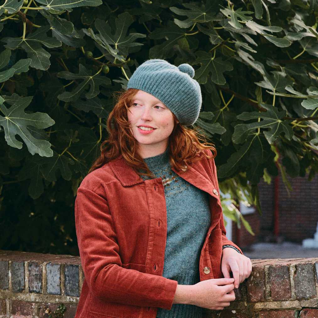 Ribbed Beret with Pom Pom - Dusty Teal