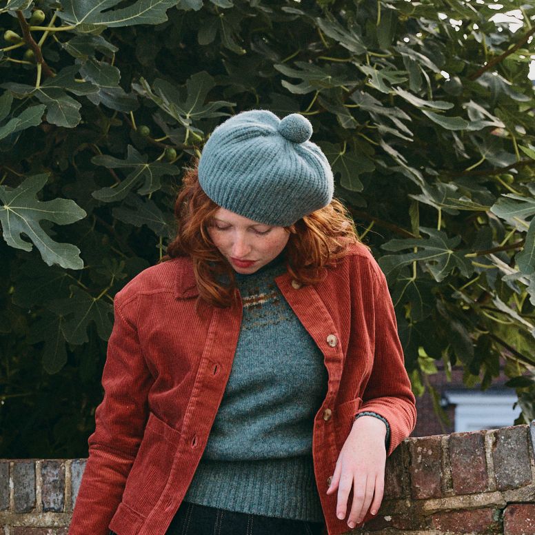 Ribbed Beret with Pom Pom - Dusty Teal