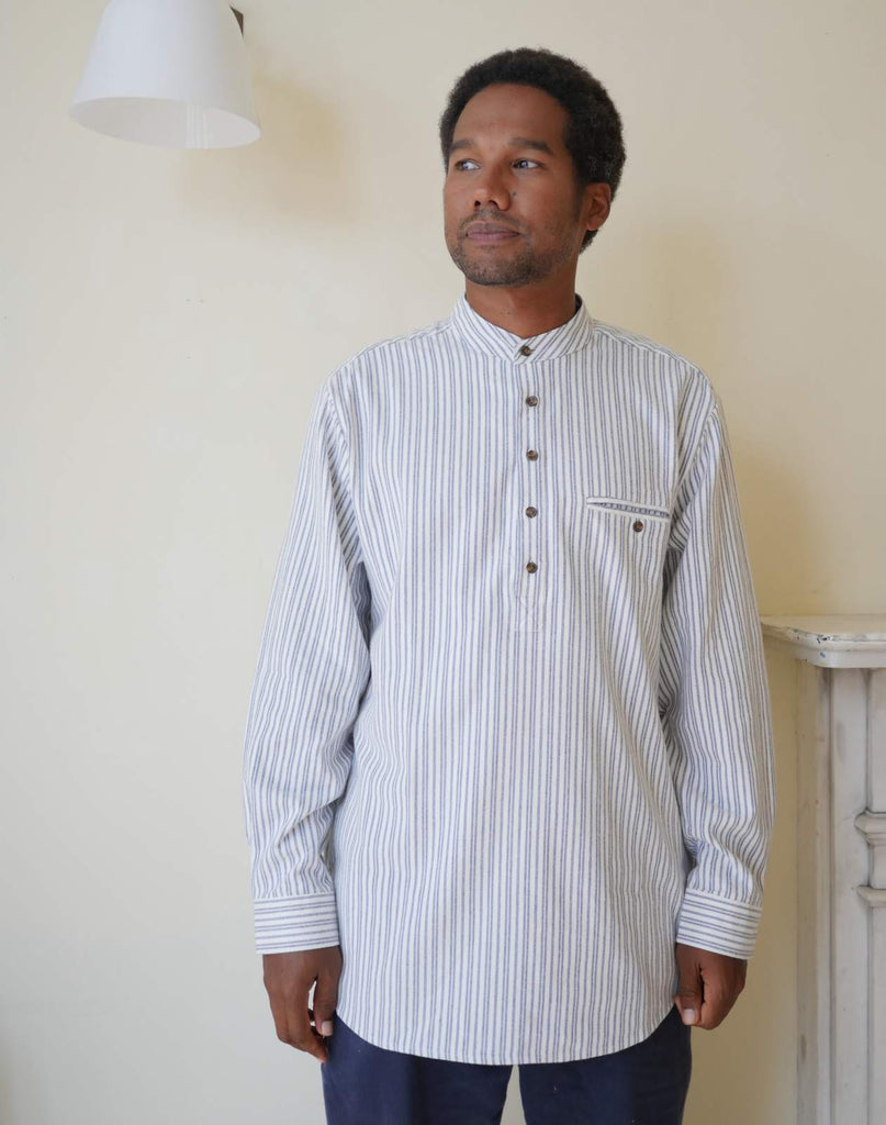 Men’s Collarless Shirt in Blue Ticking Stripe