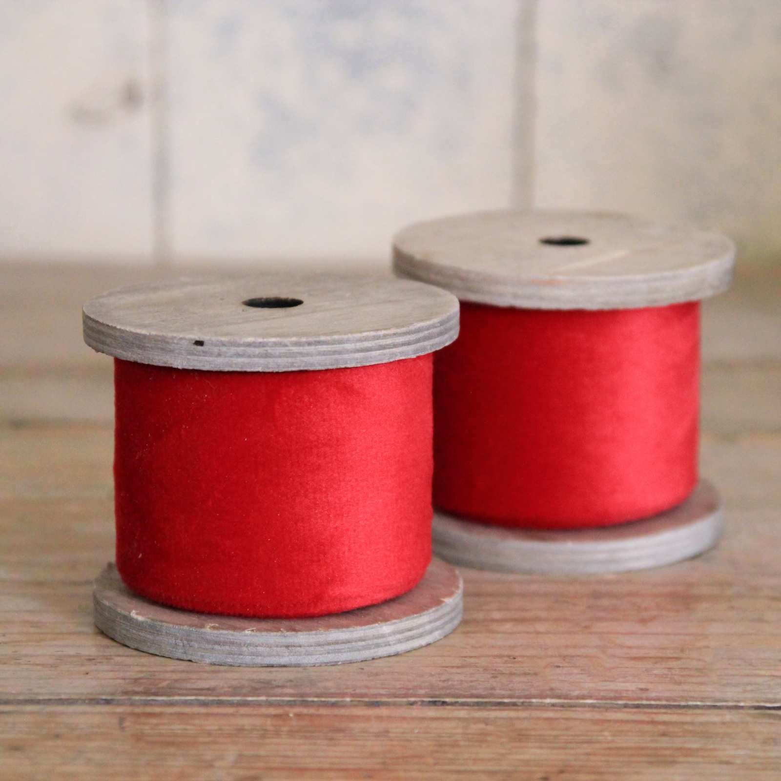 Wide Red Velvet Ribbon on a wooden bobbin