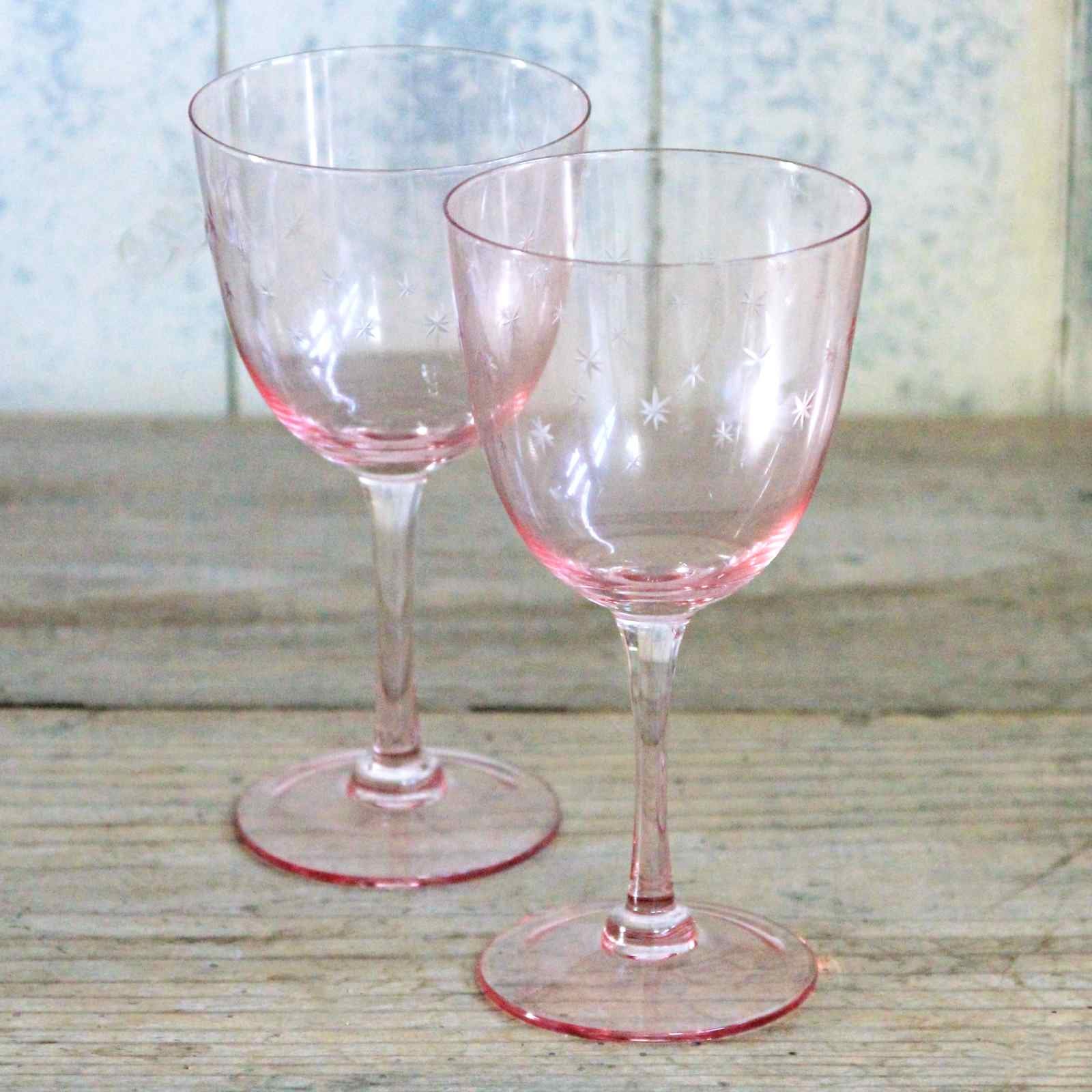 Set of Two Vintage Etched Wine Glass - Rose Star