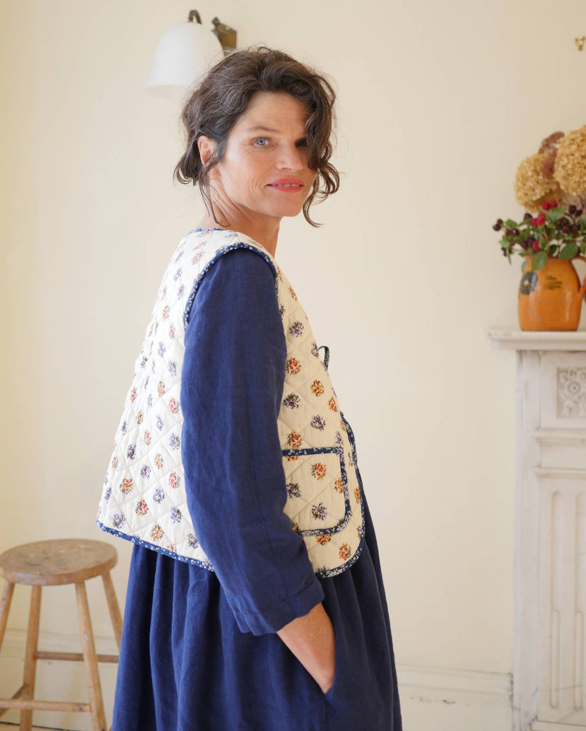 Handmade Linen Smock Dress in Navy with waistcoat