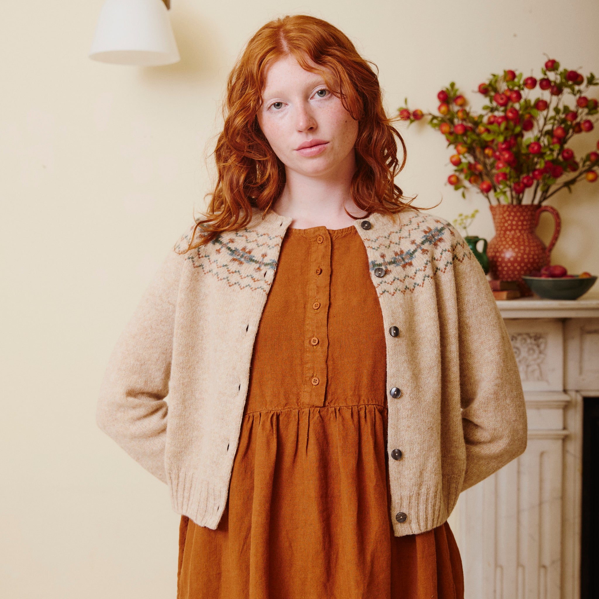 Button Down Linen Dress with Fair Isle Cardigan