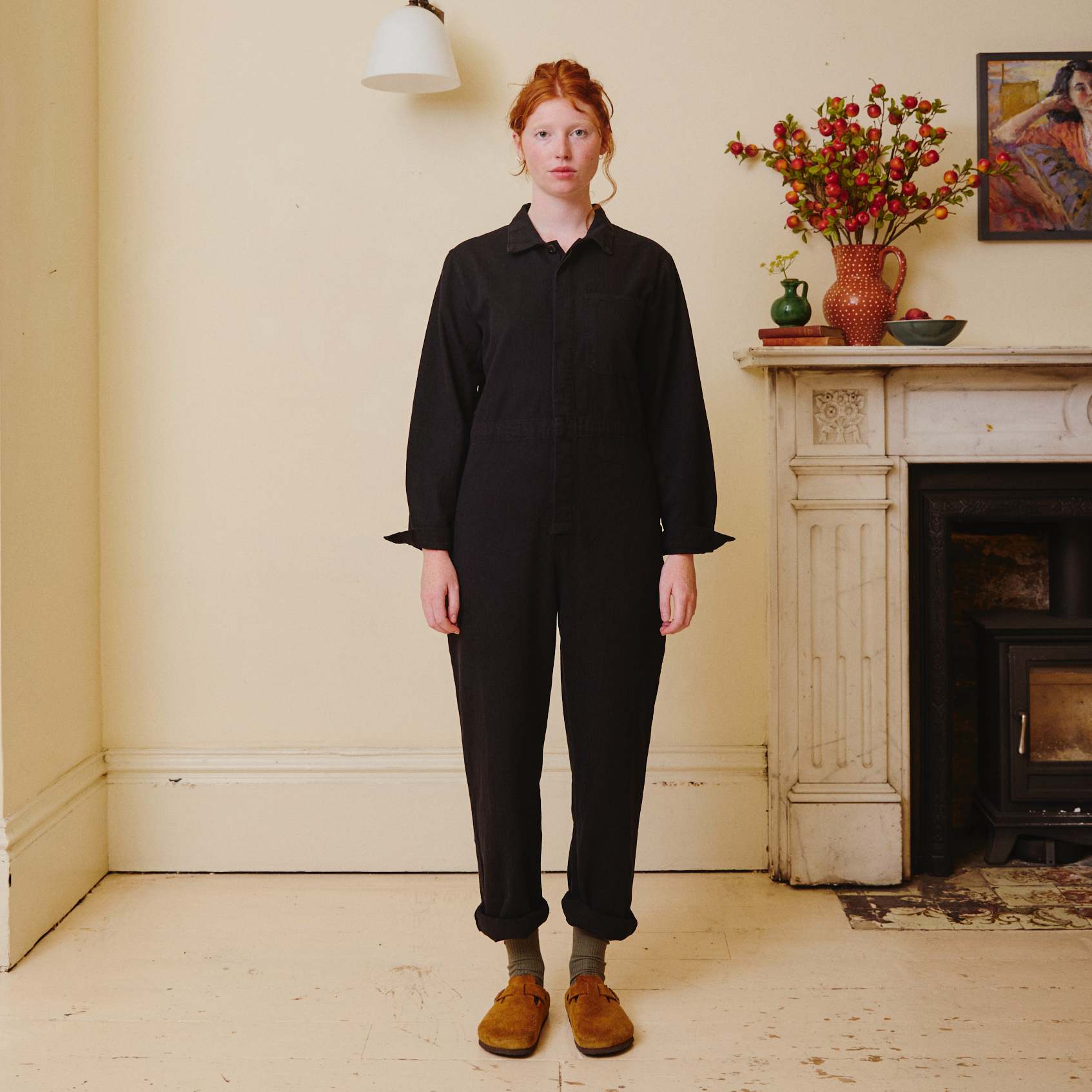 Herringbone Workwear Jumpsuit - Black
