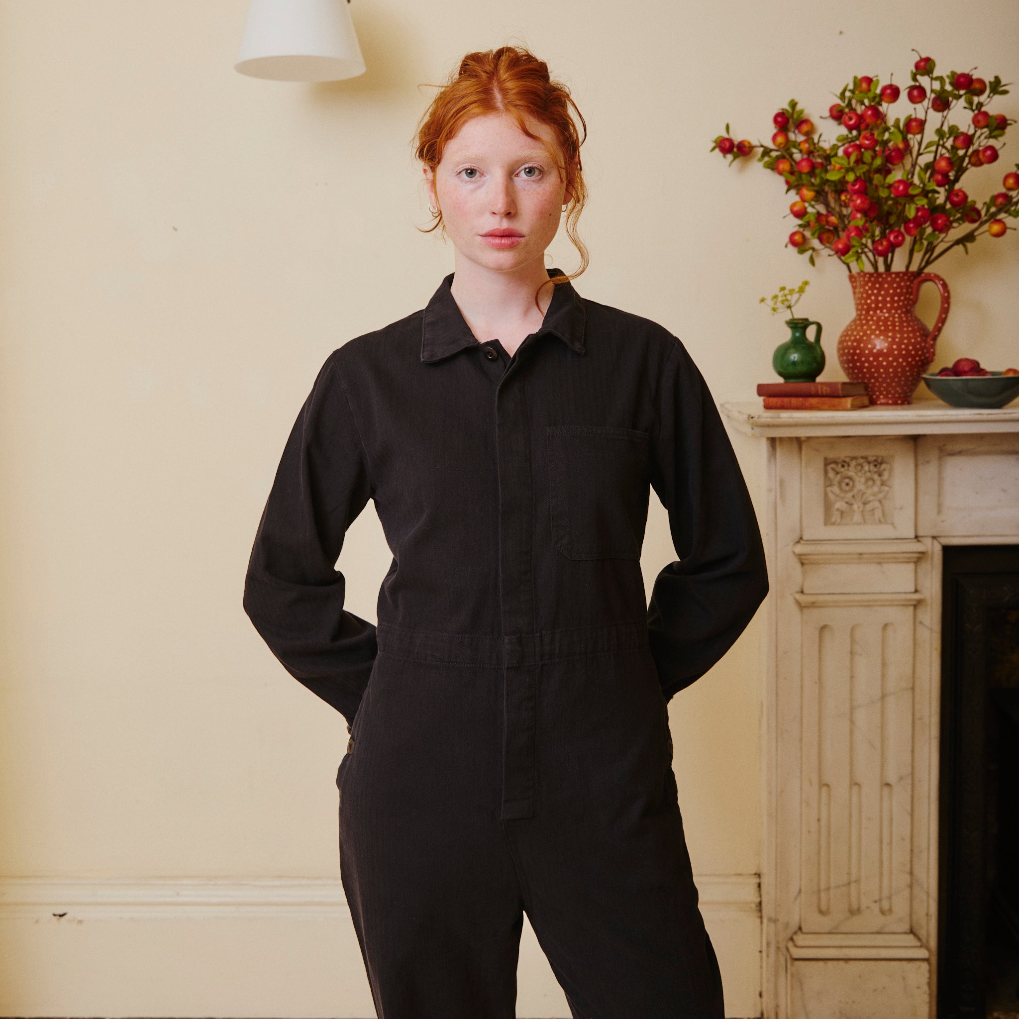 Herringbone Workwear Jumpsuit - Black