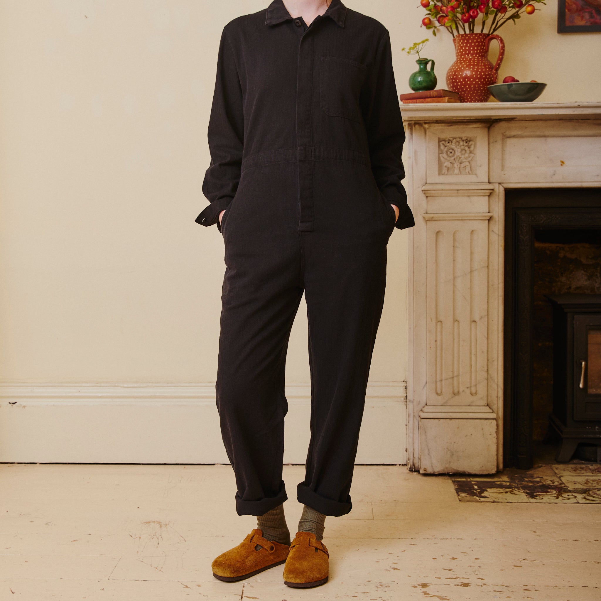 Herringbone Workwear Jumpsuit - Black