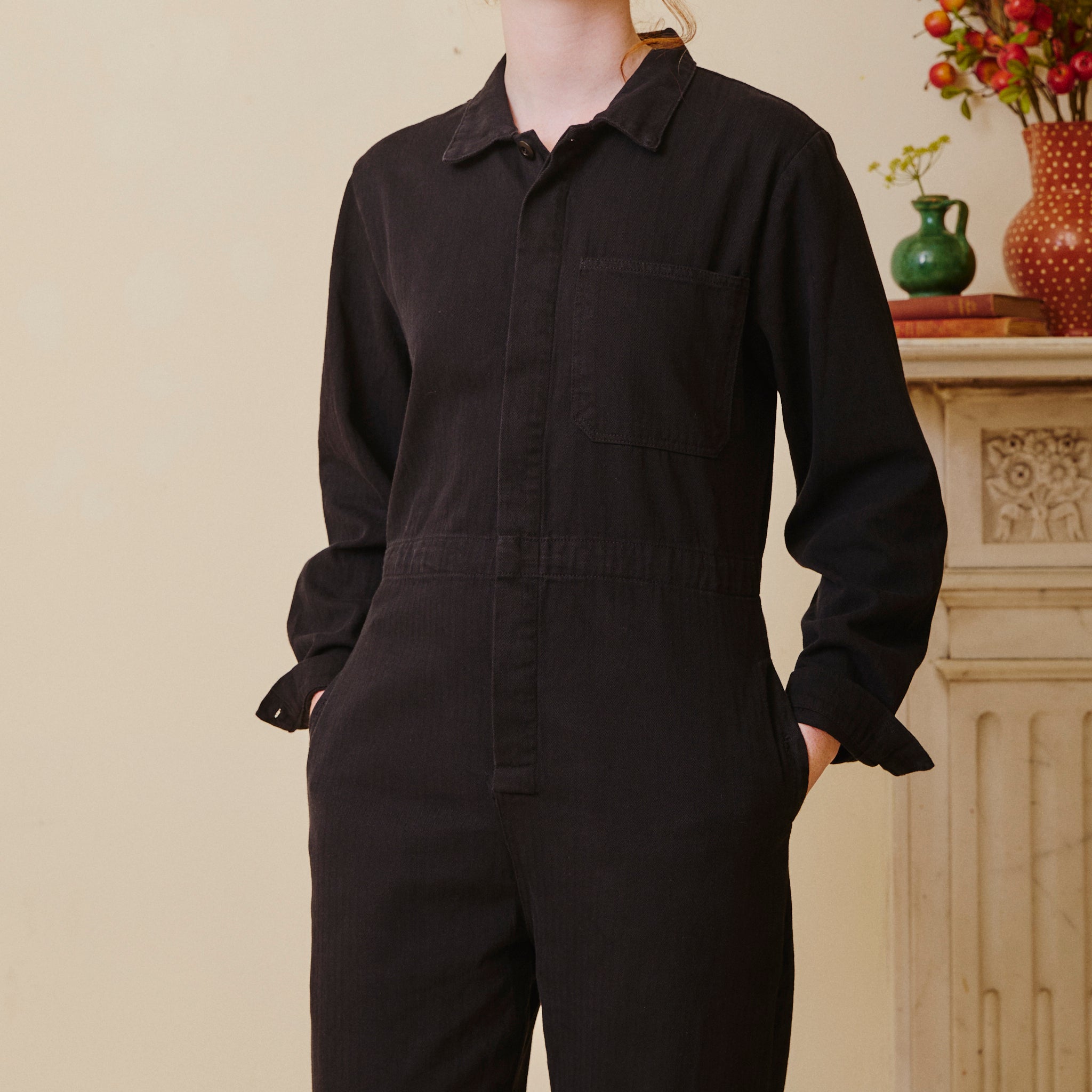 Herringbone Workwear Jumpsuit - Black