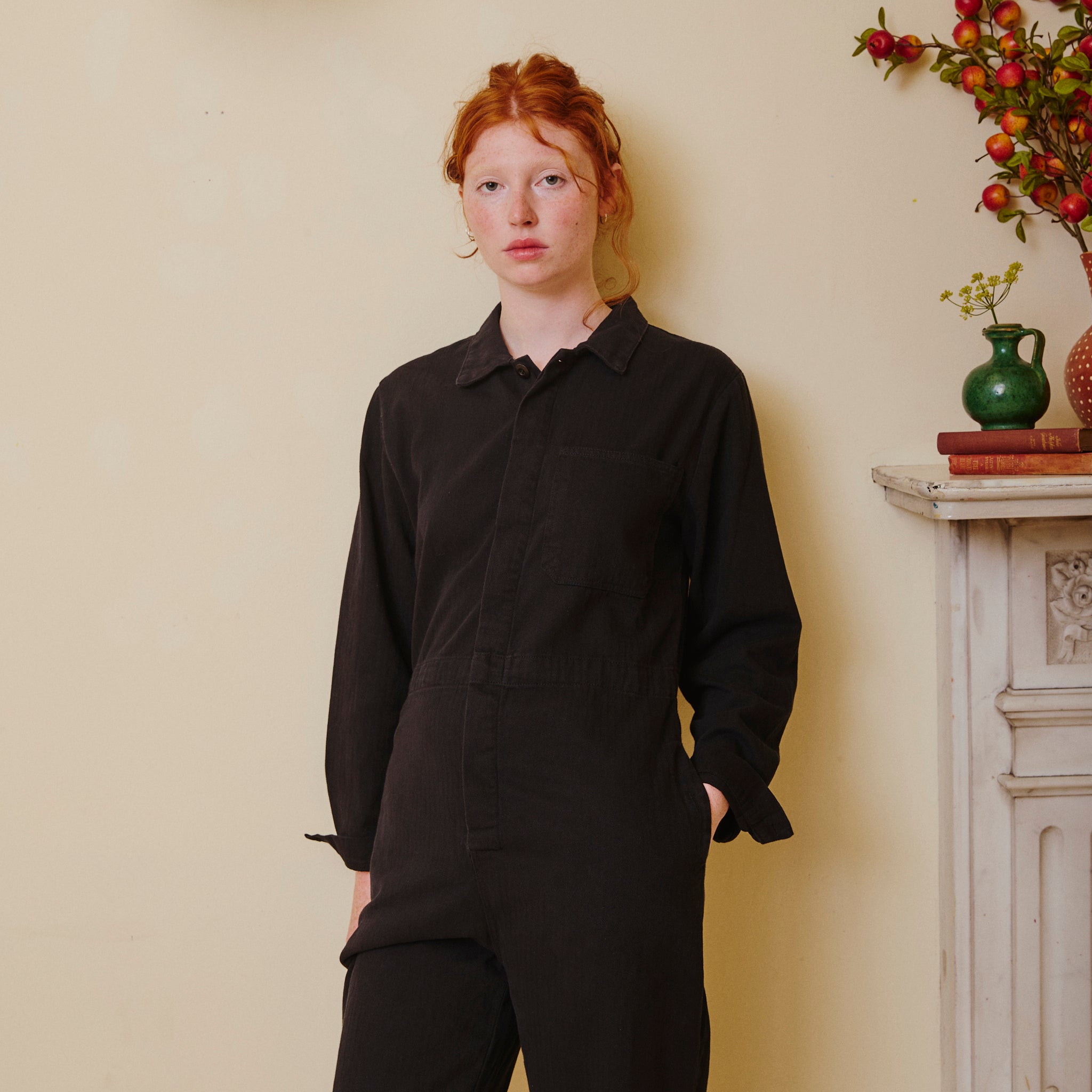 Herringbone Workwear Jumpsuit - Black
