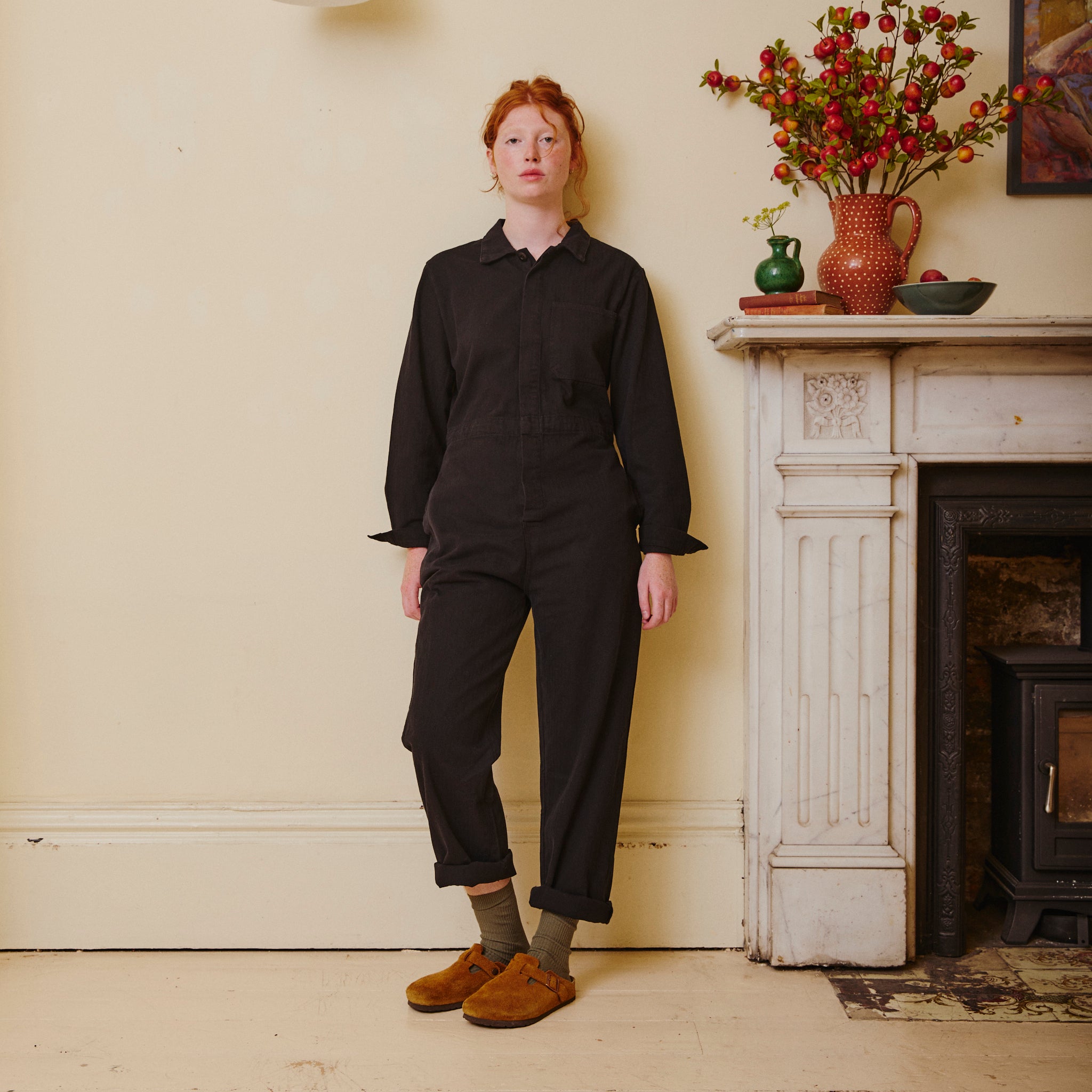 Herringbone Workwear Jumpsuit - Black