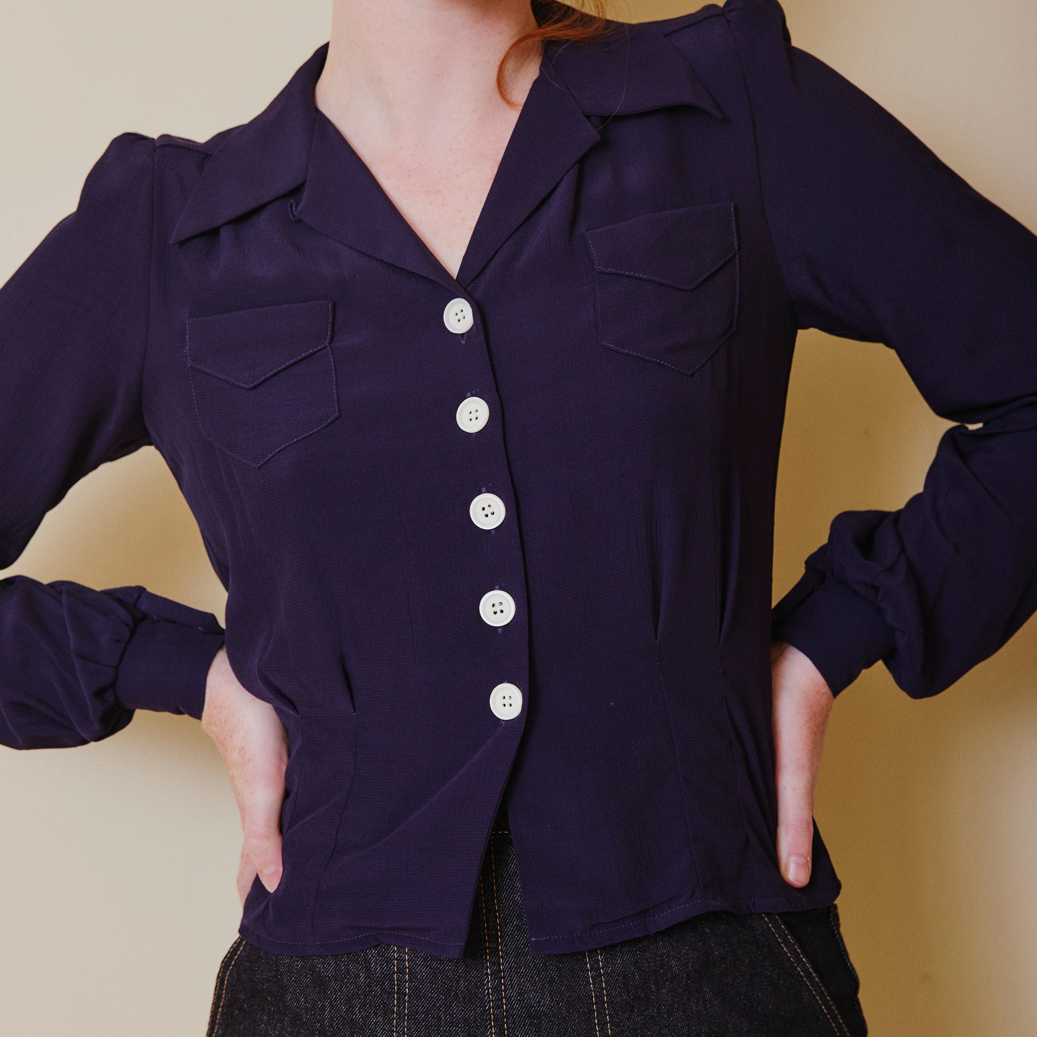 1940's Long Sleeve Blouse - Navy
