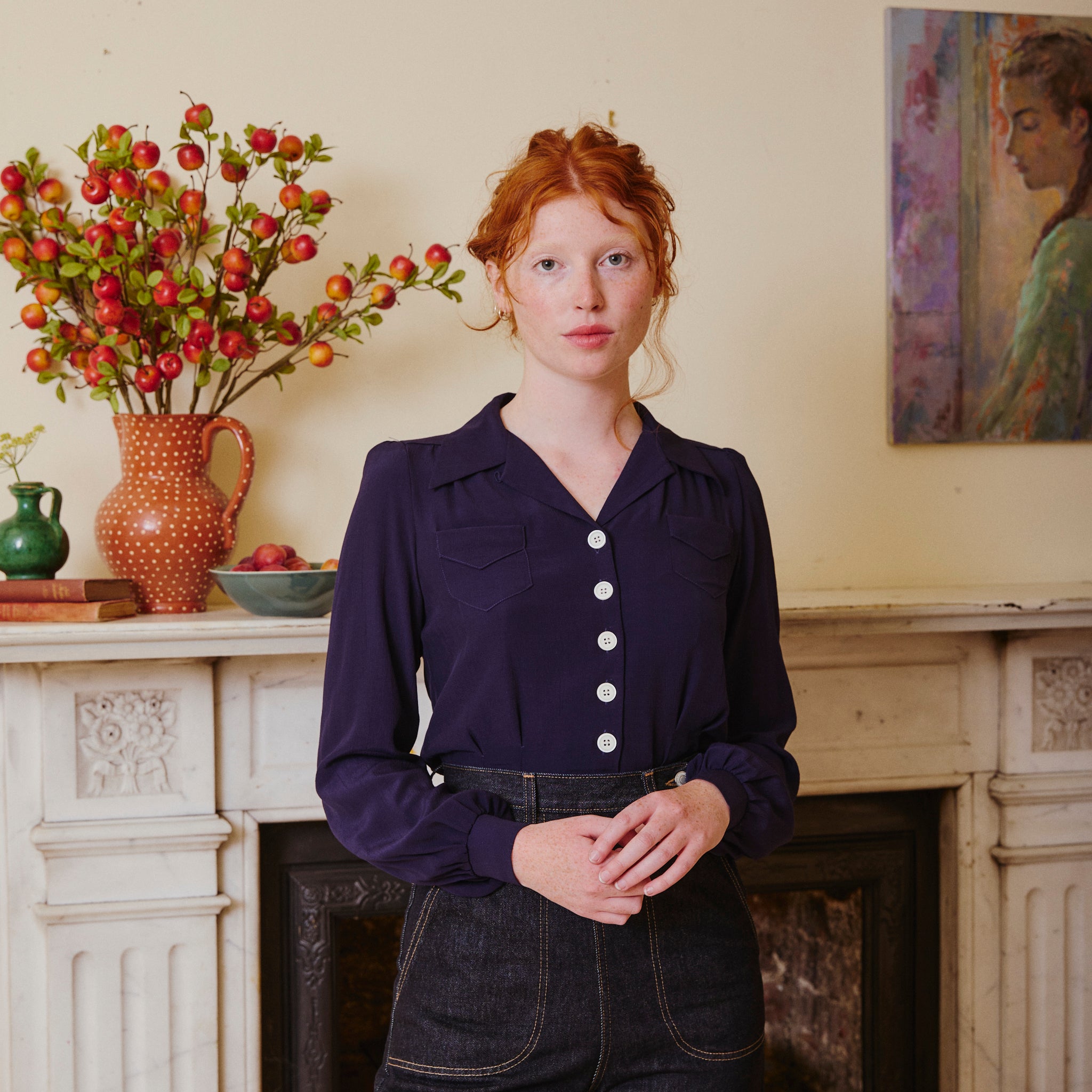 1940's Long Sleeve Blouse - Navy