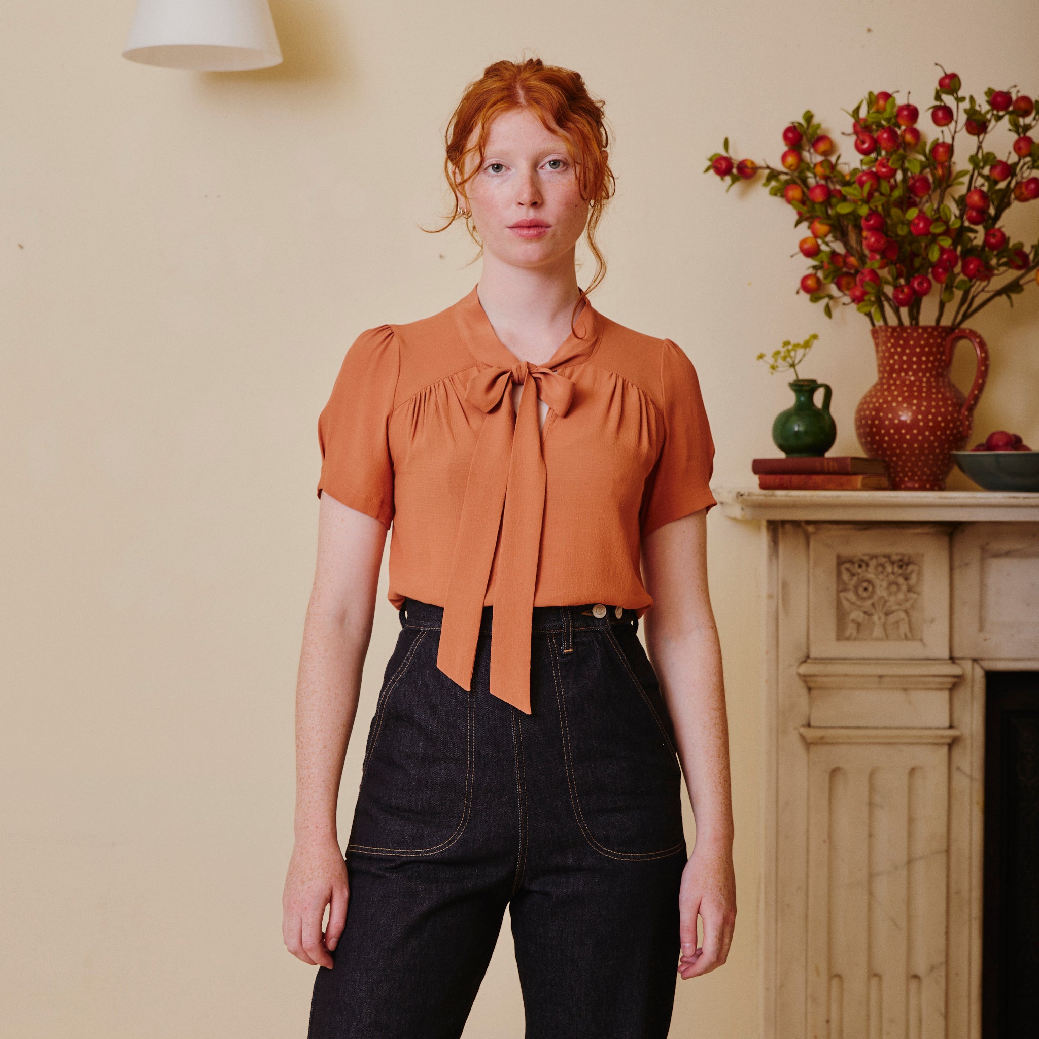 Vintage Beau Blouse - Burnt Peach with pussy bow