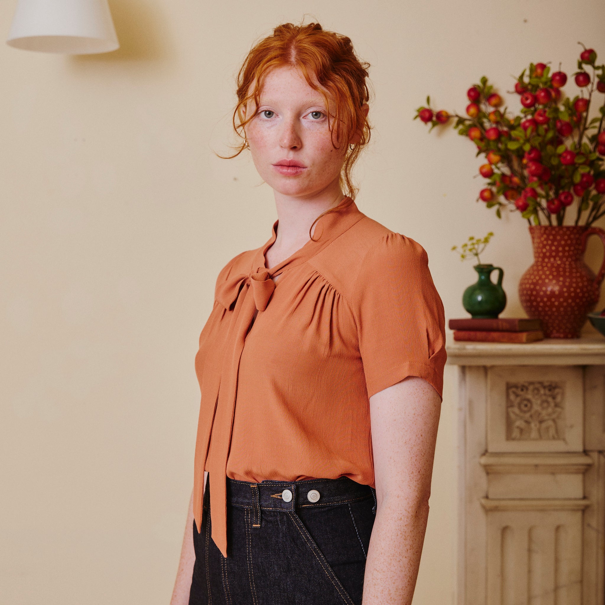 Vintage Beau Blouse - Burnt Peach with pussy bow