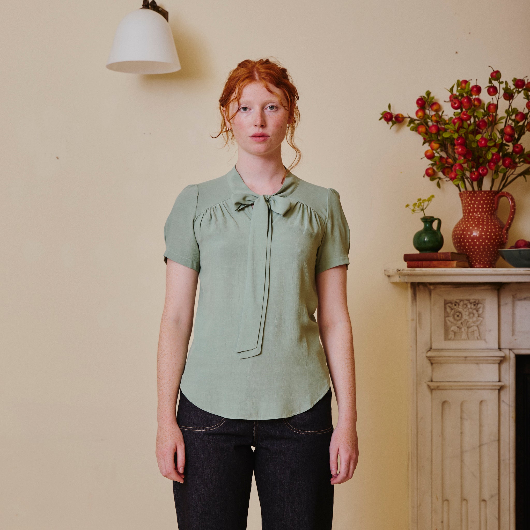 Vintage Beau Blouse with Pussy Bow - Duck Egg