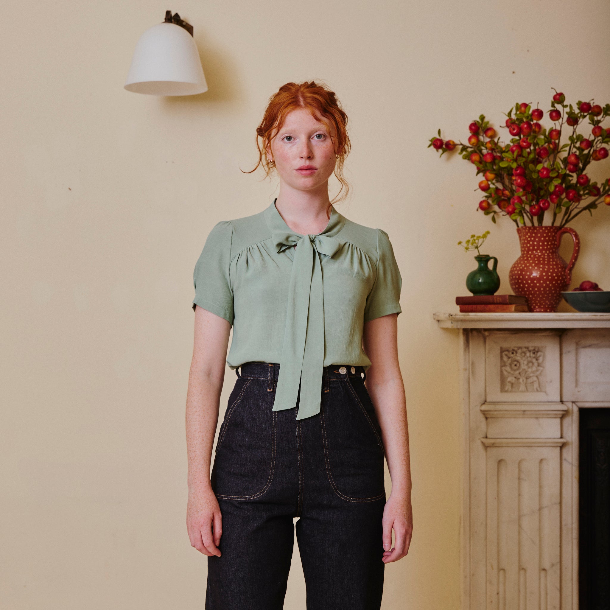Vintage Beau Blouse with Pussy Bow - Duck Egg