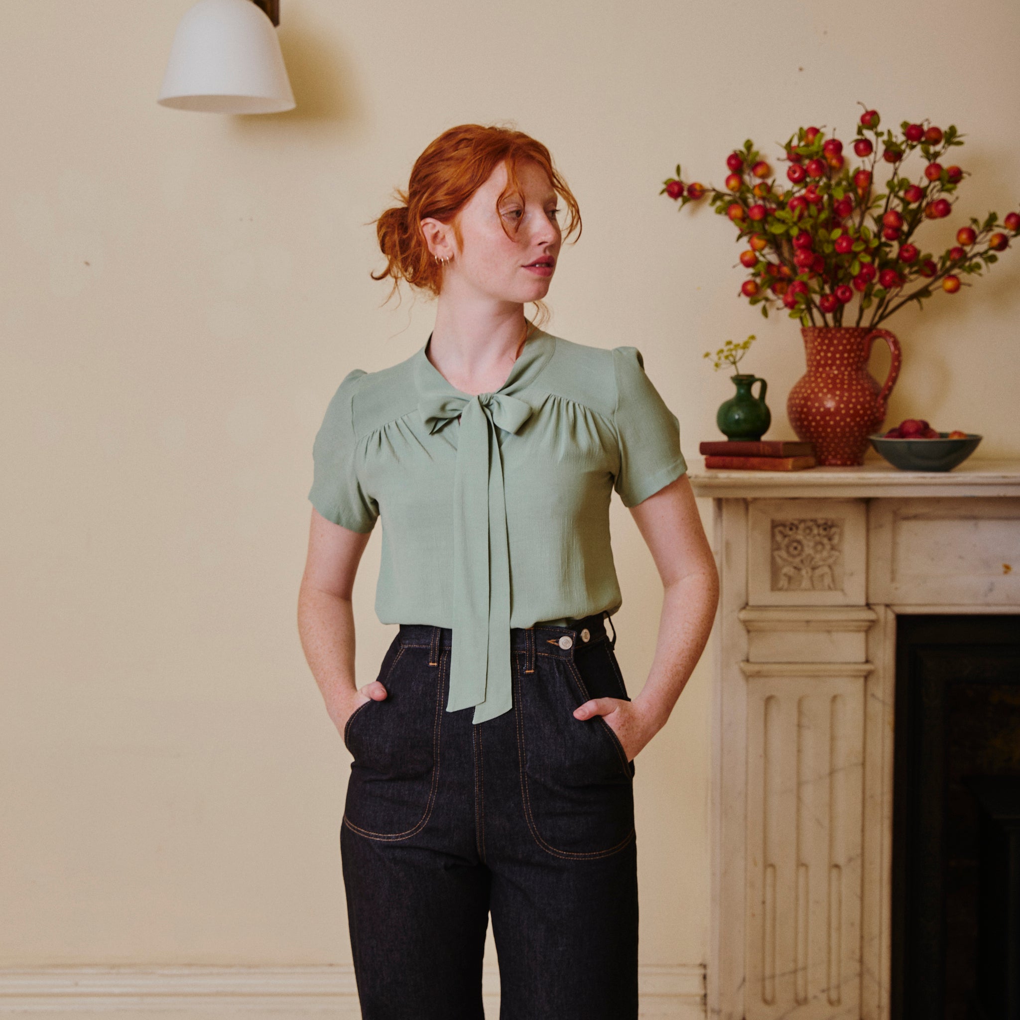 Vintage Beau Blouse with Pussy Bow - Duck Egg