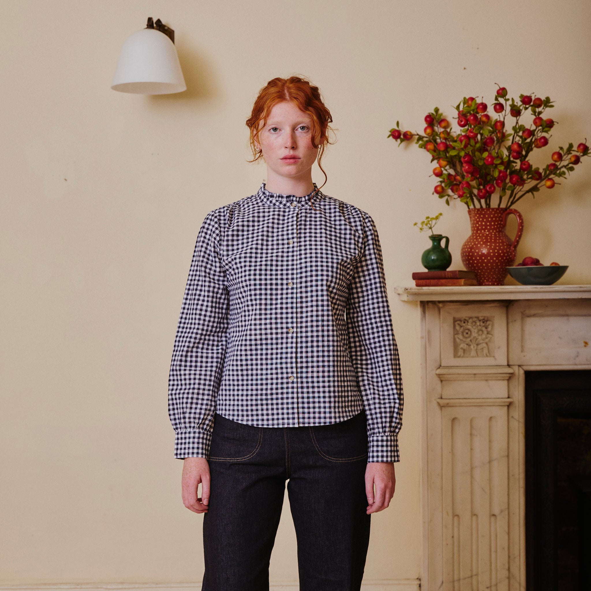 Collarless Blouse - Navy Gingham