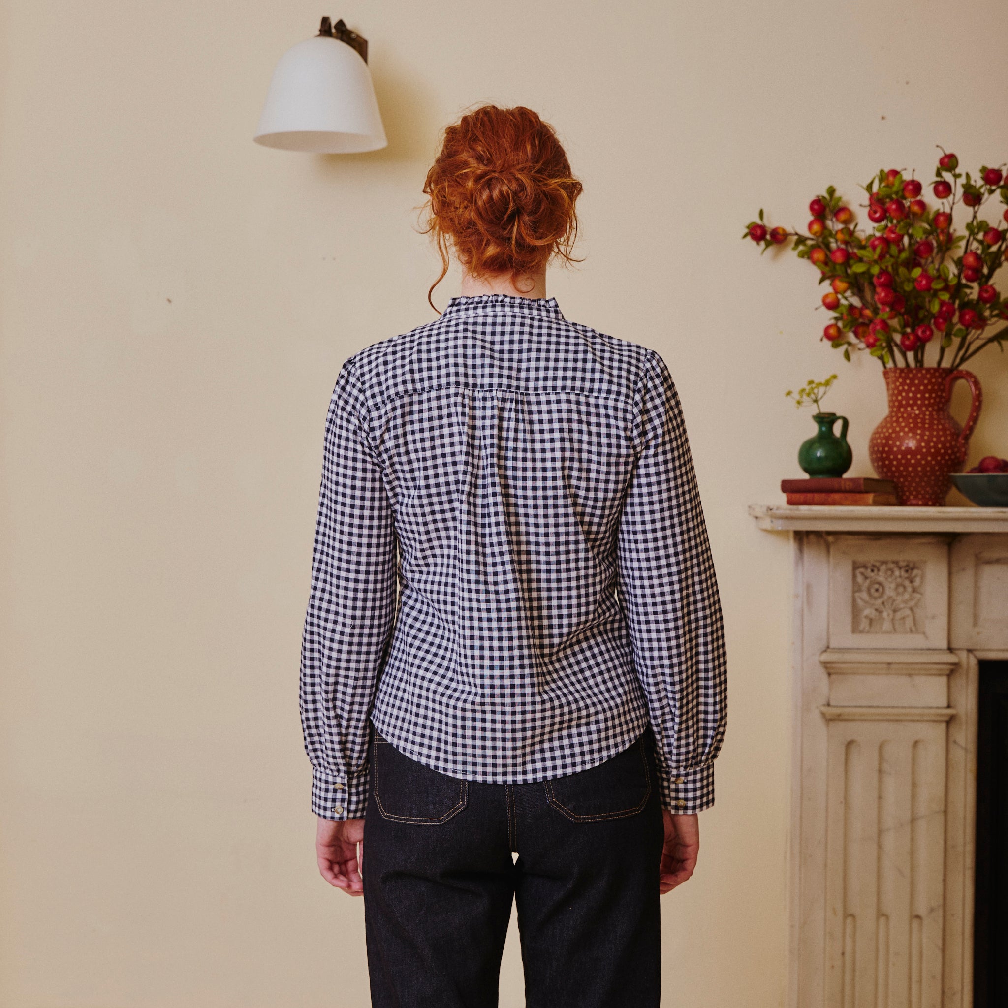 Collarless Blouse - Navy Gingham