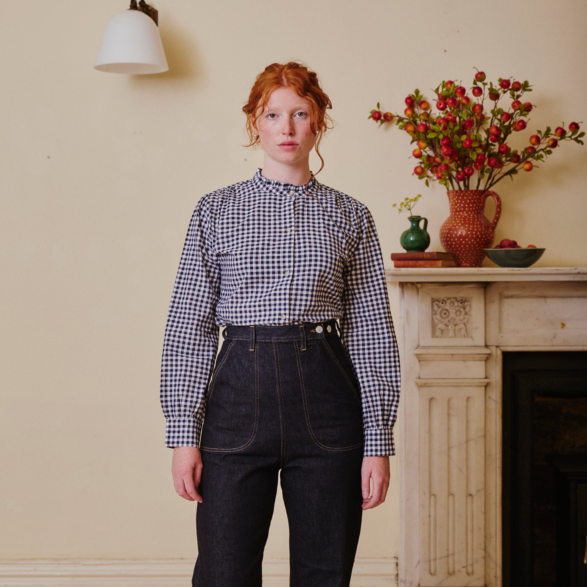 Collarless Blouse - Navy Gingham