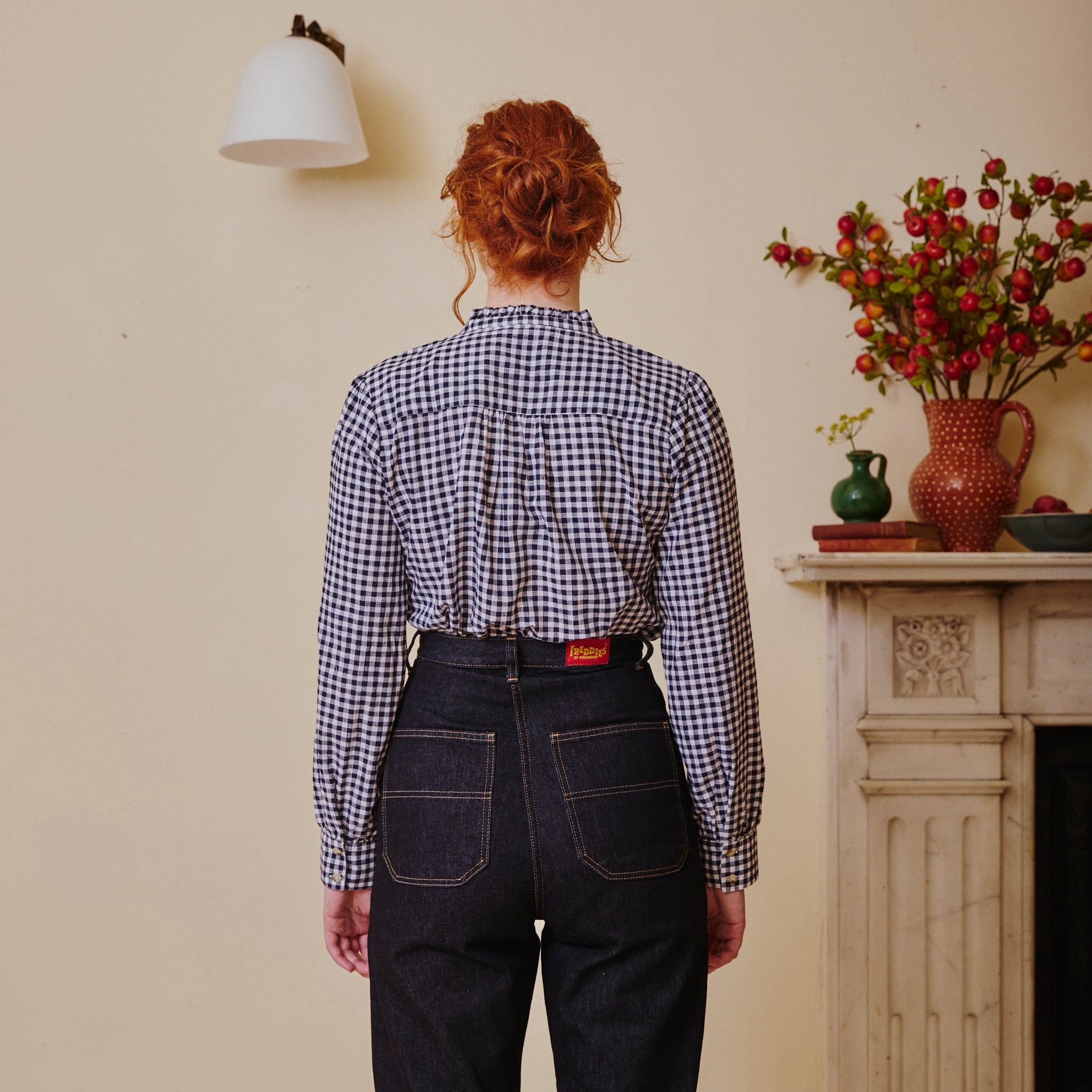 Collarless Blouse - Navy Gingham