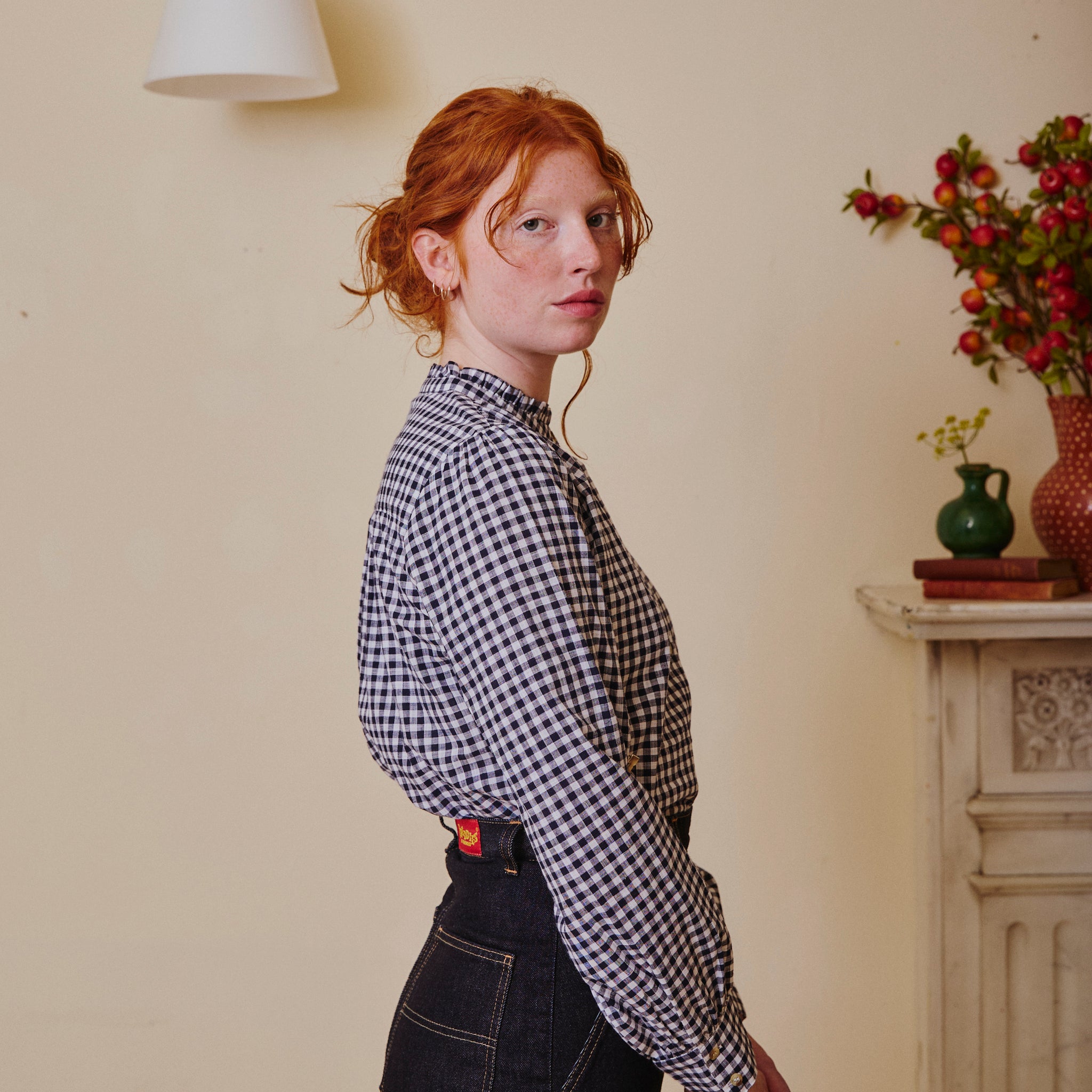 Collarless Blouse - Navy Gingham