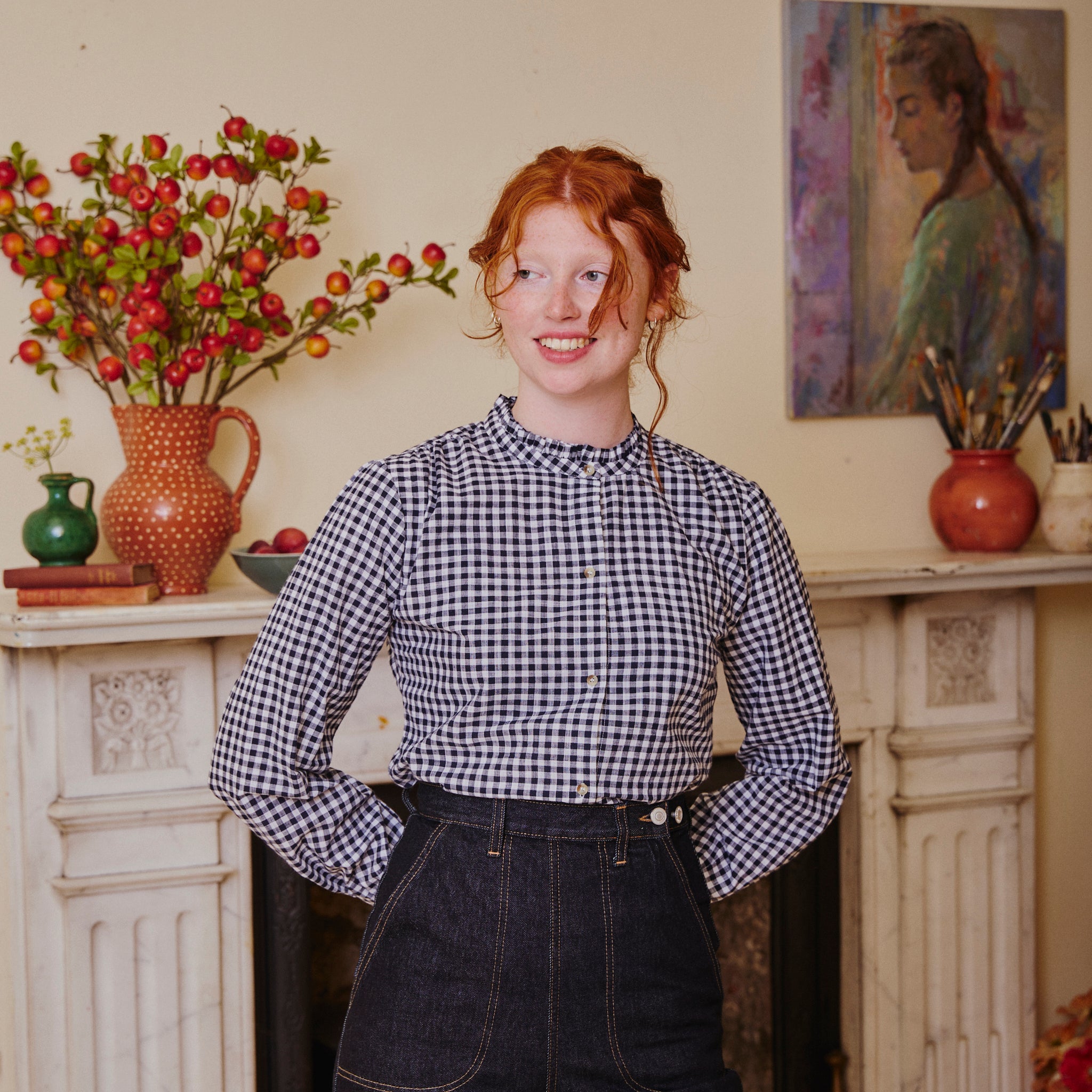 Collarless Blouse - Navy Gingham
