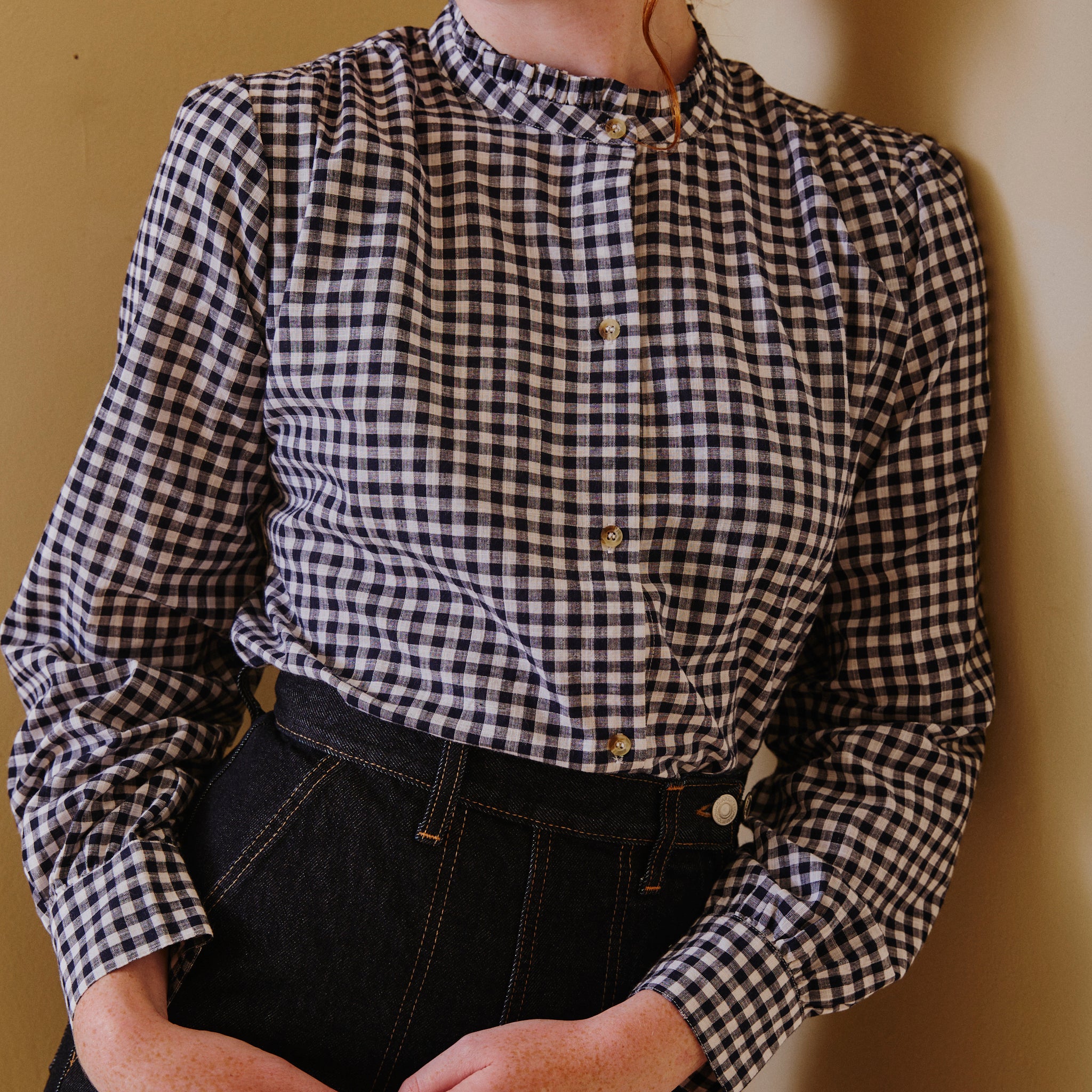 Collarless Blouse - Navy Gingham