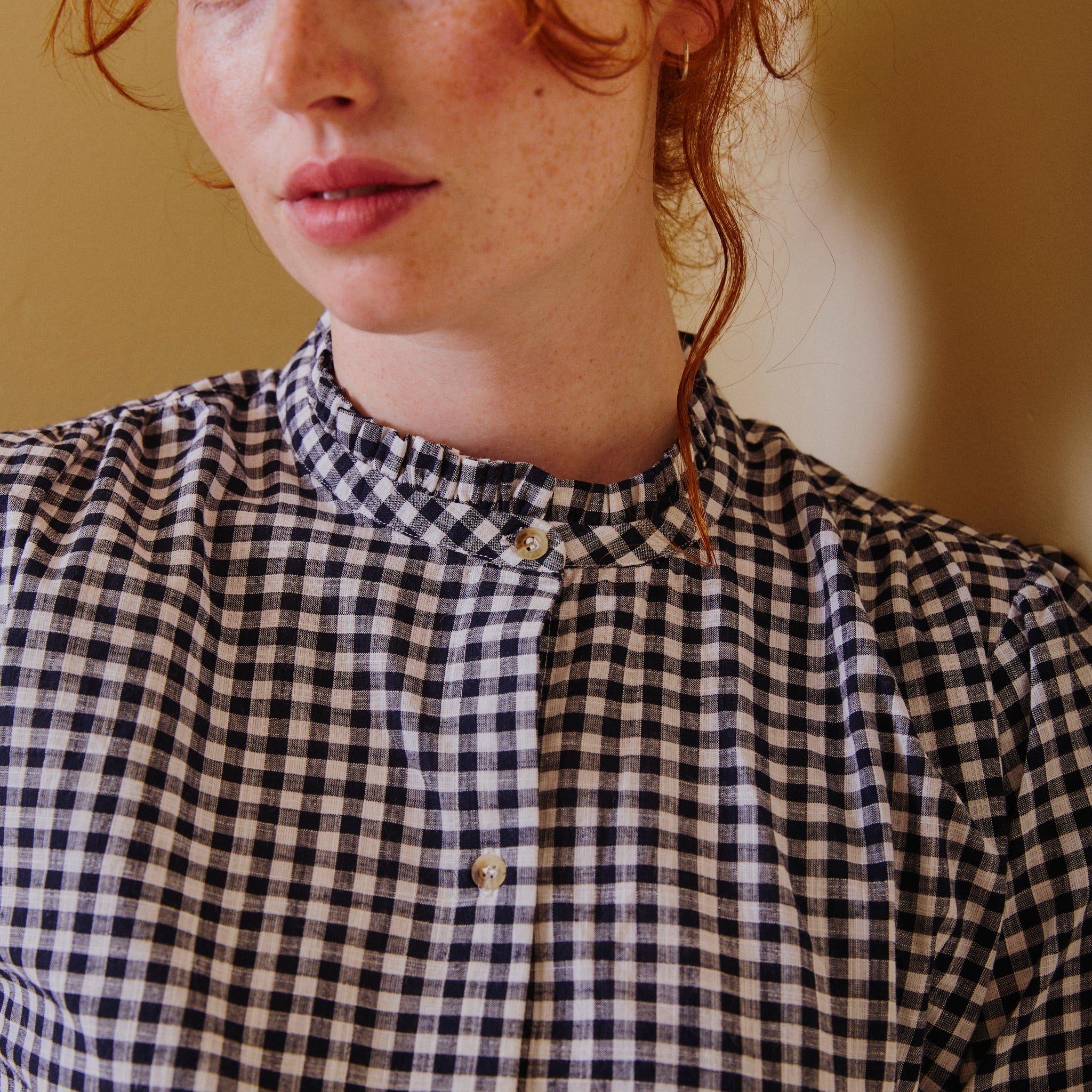 Frill collar detail - Collarless Blouse - Navy Gingham