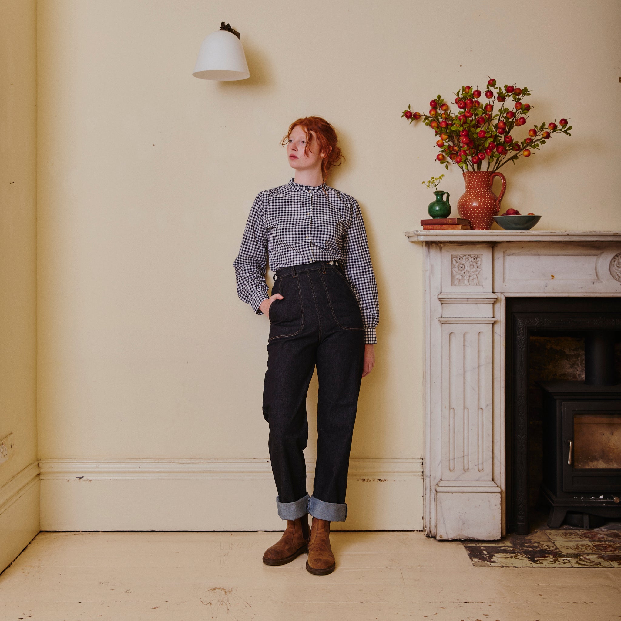 Collarless Blouse - Navy Gingham