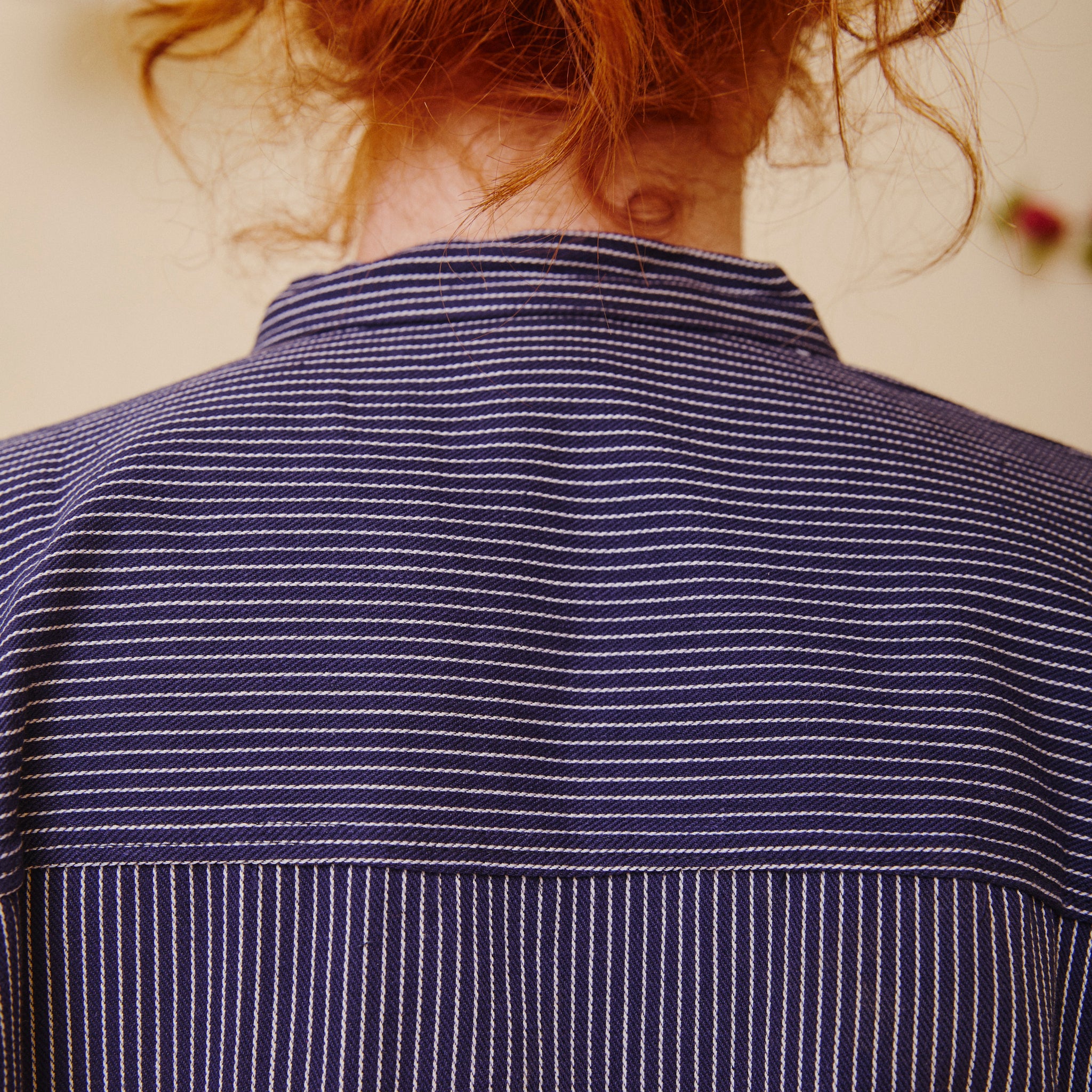 Collarless Unisex Navy Stripe Work Shirt