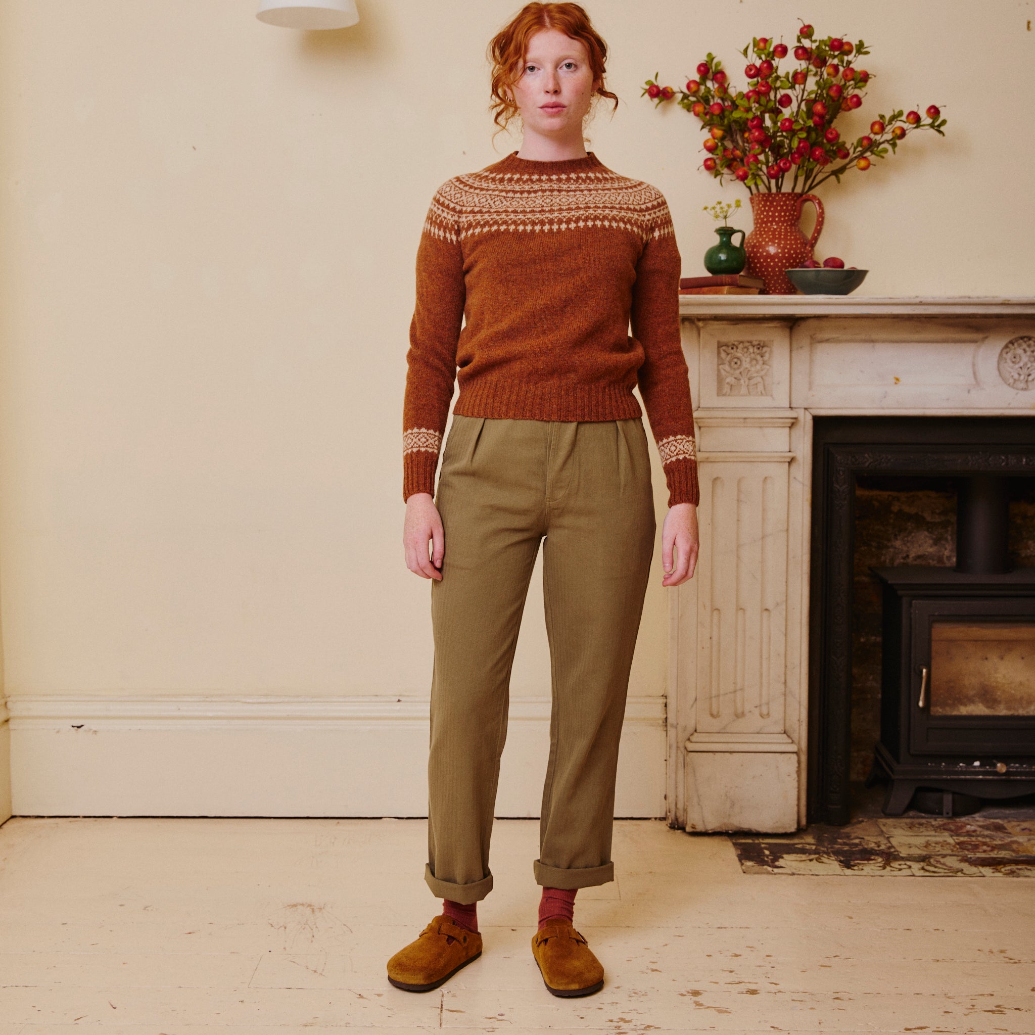 Classic Fair Isle Jumper with Green Workwear Trousers