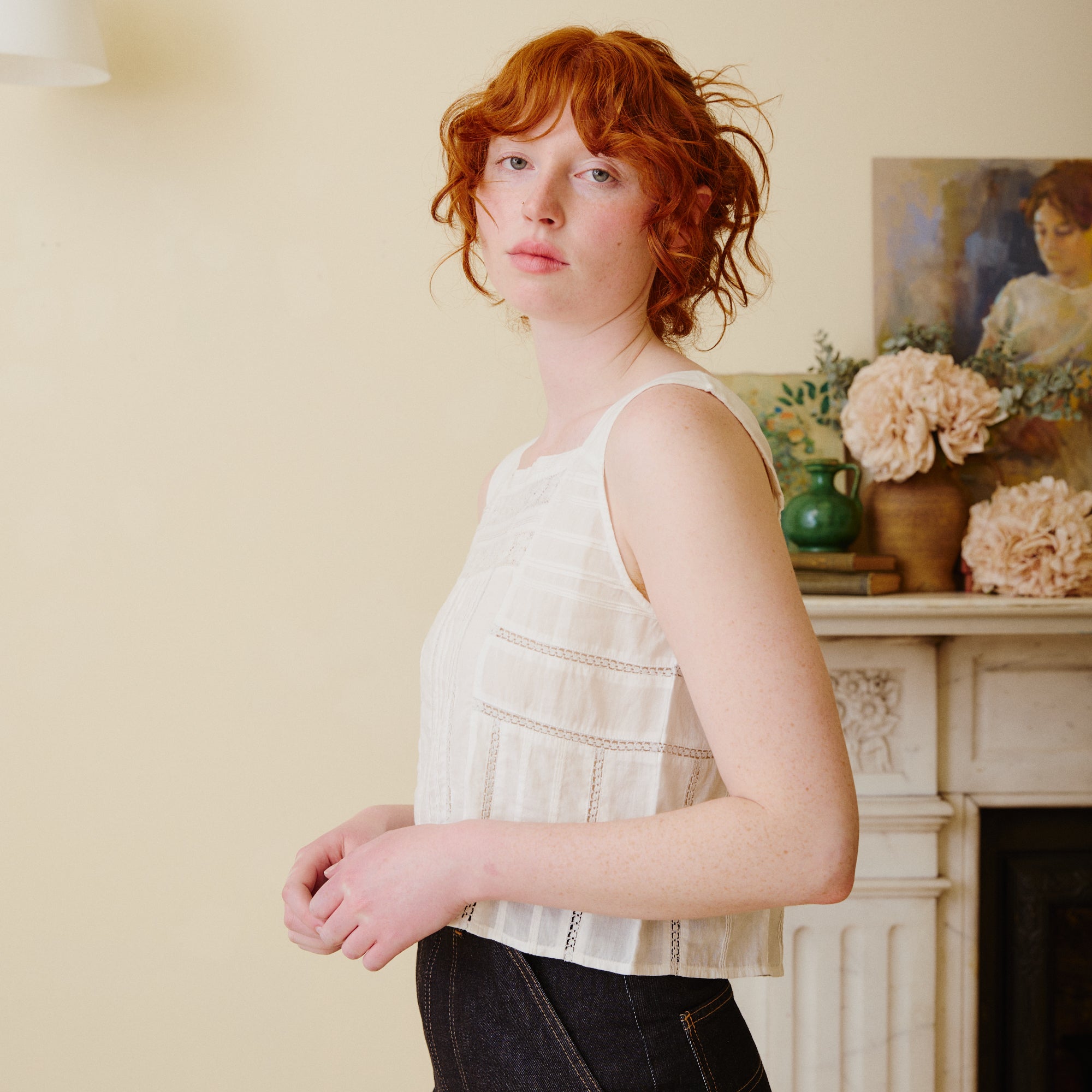 White cotton lace top, sleeveless