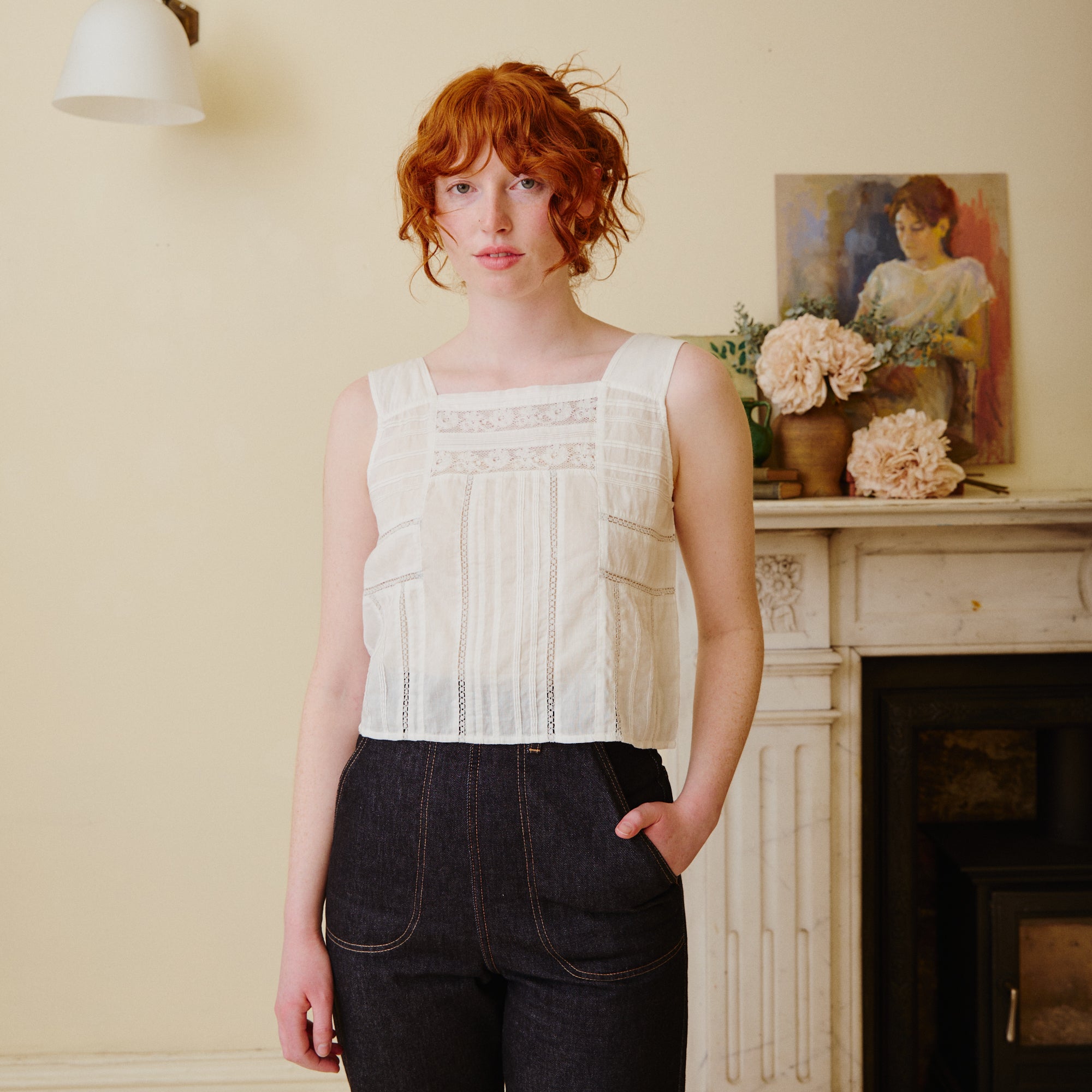 White cotton lace top, sleeveless