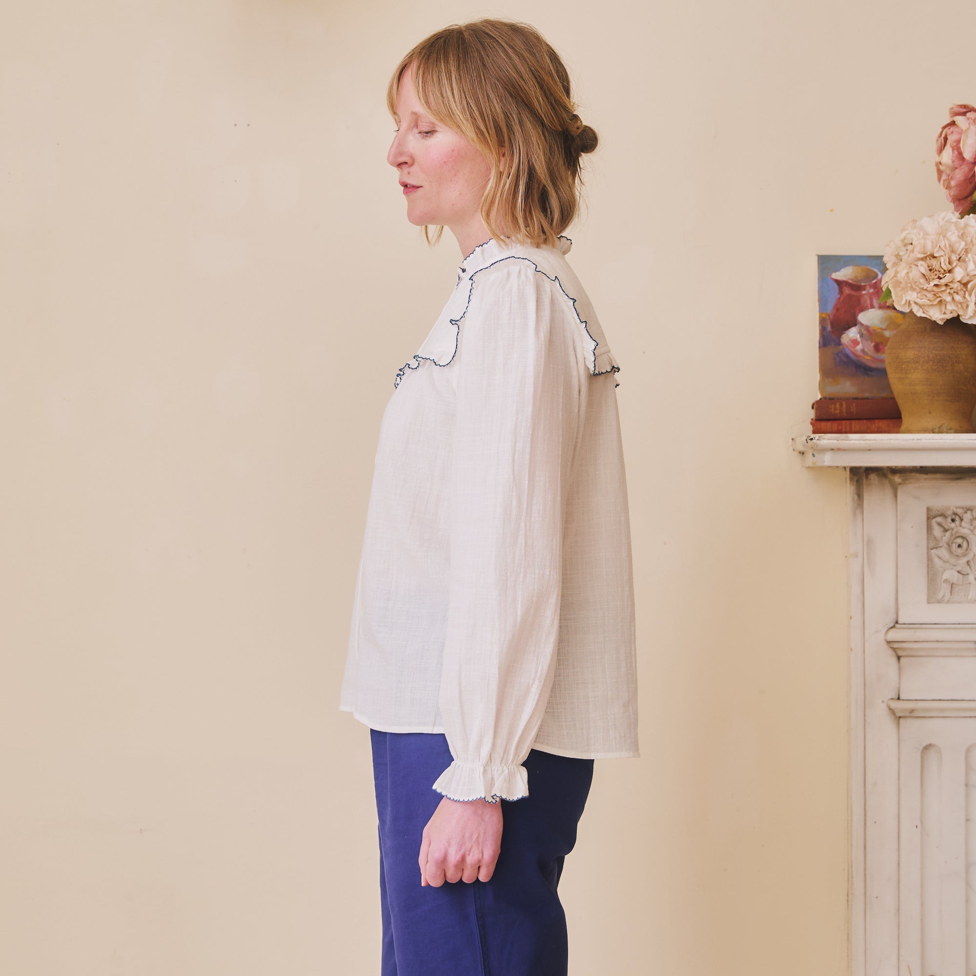 Florie Blouse - Blue Scalloped Trim