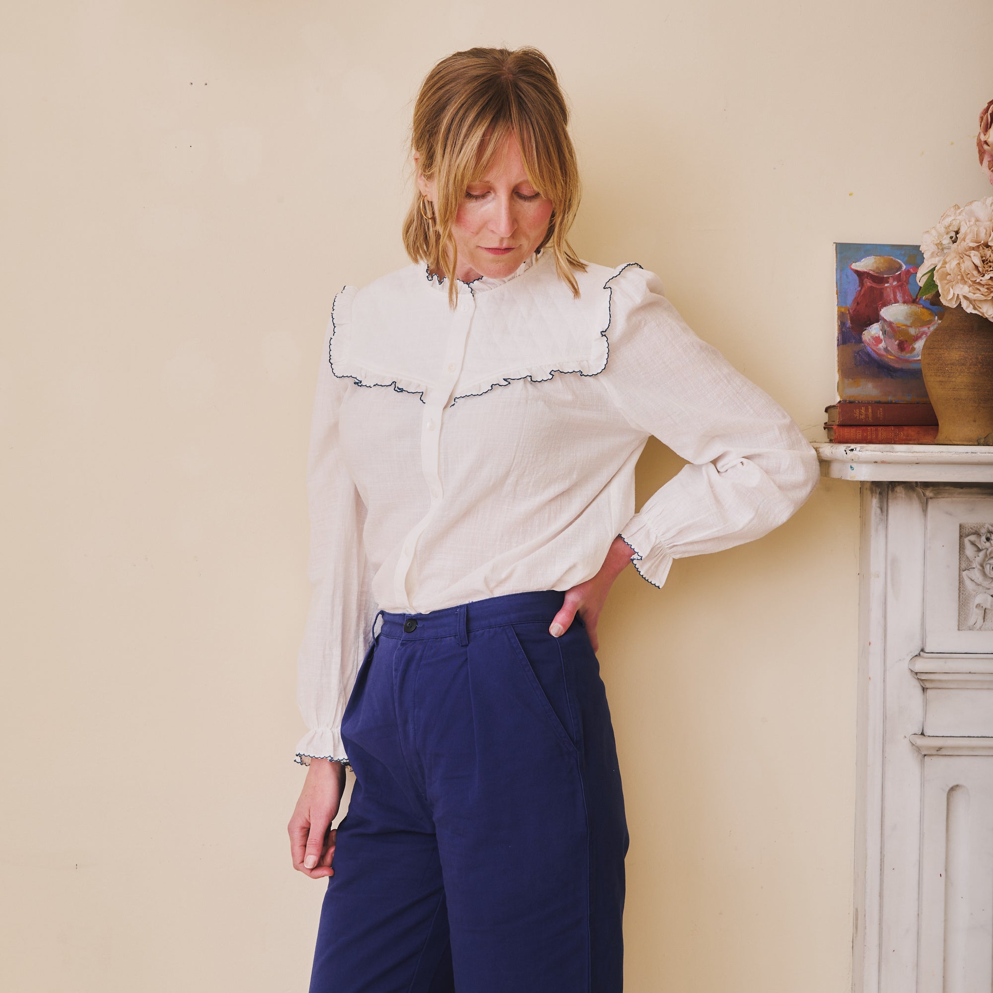 Florie Blouse - Blue Scalloped Trim