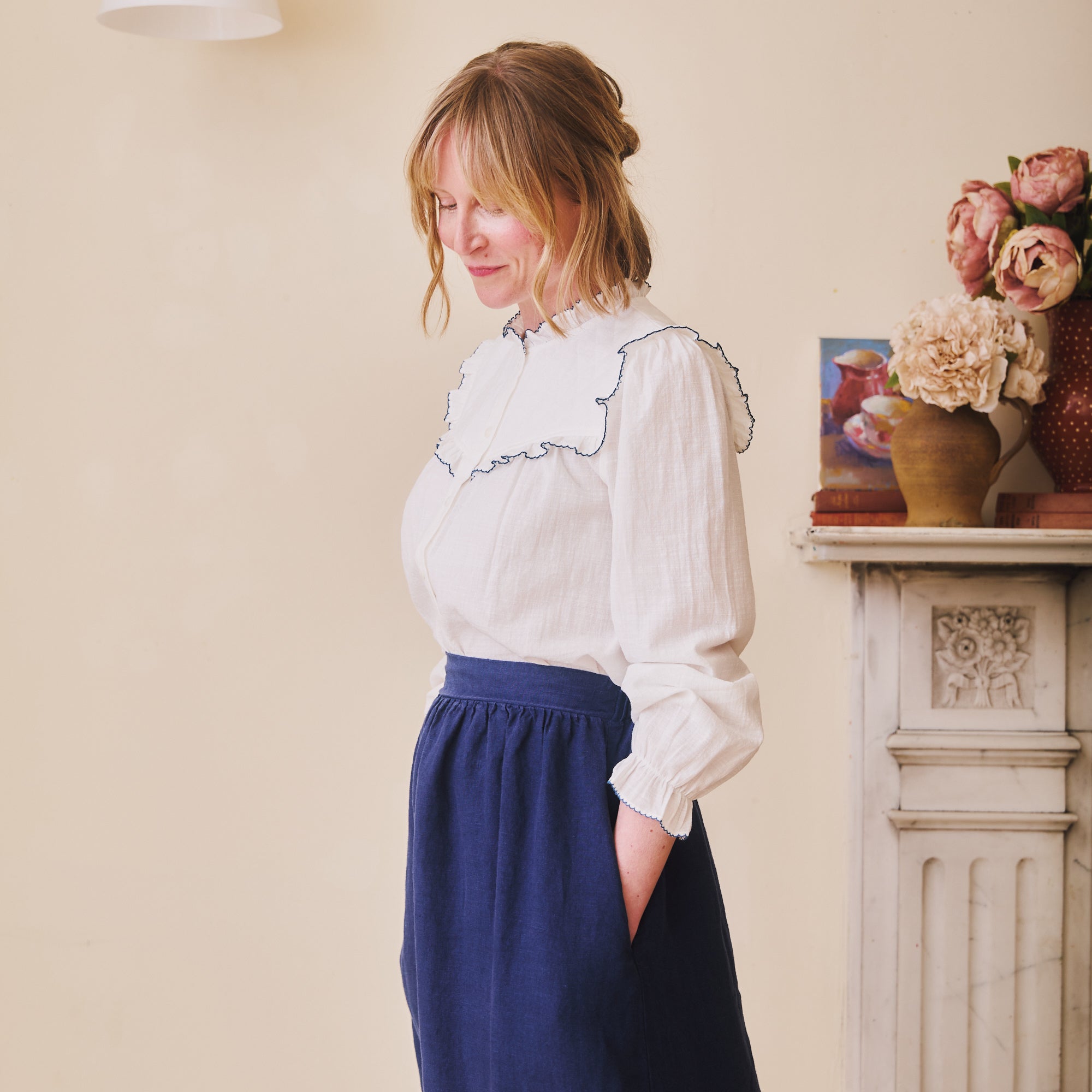 Florie Blouse - Blue Scalloped Trim