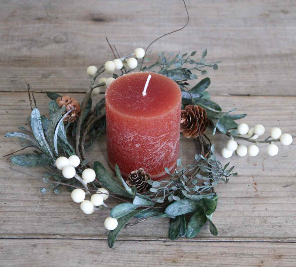 Autumn table display - White Berry Candle Ring with rust candle