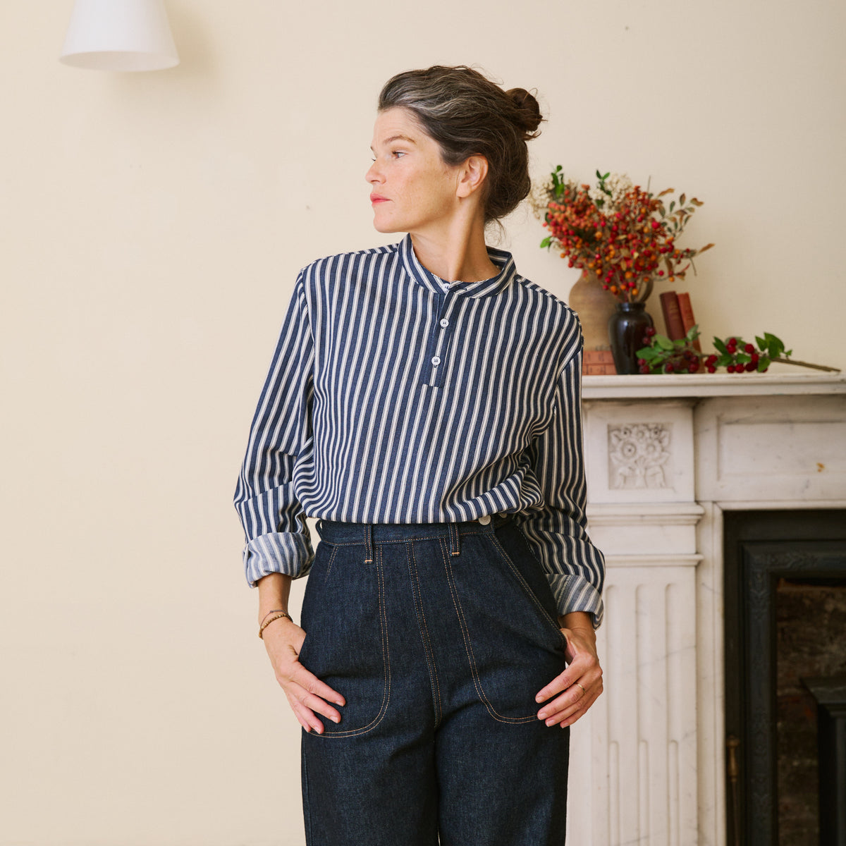 Unisex Navy Herringbone Work Shirt Striped