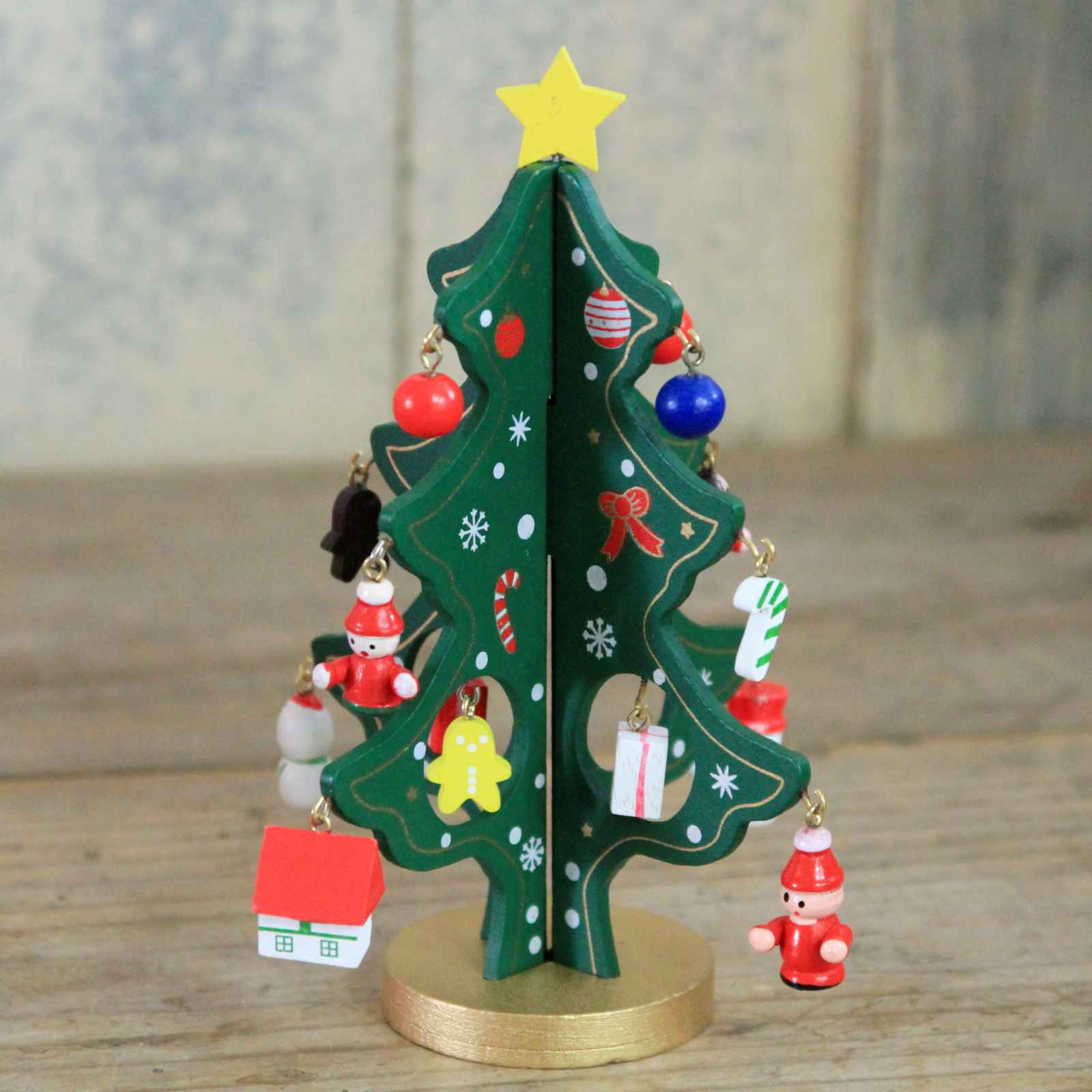 Green Wooden Christmas Tree with Decorations