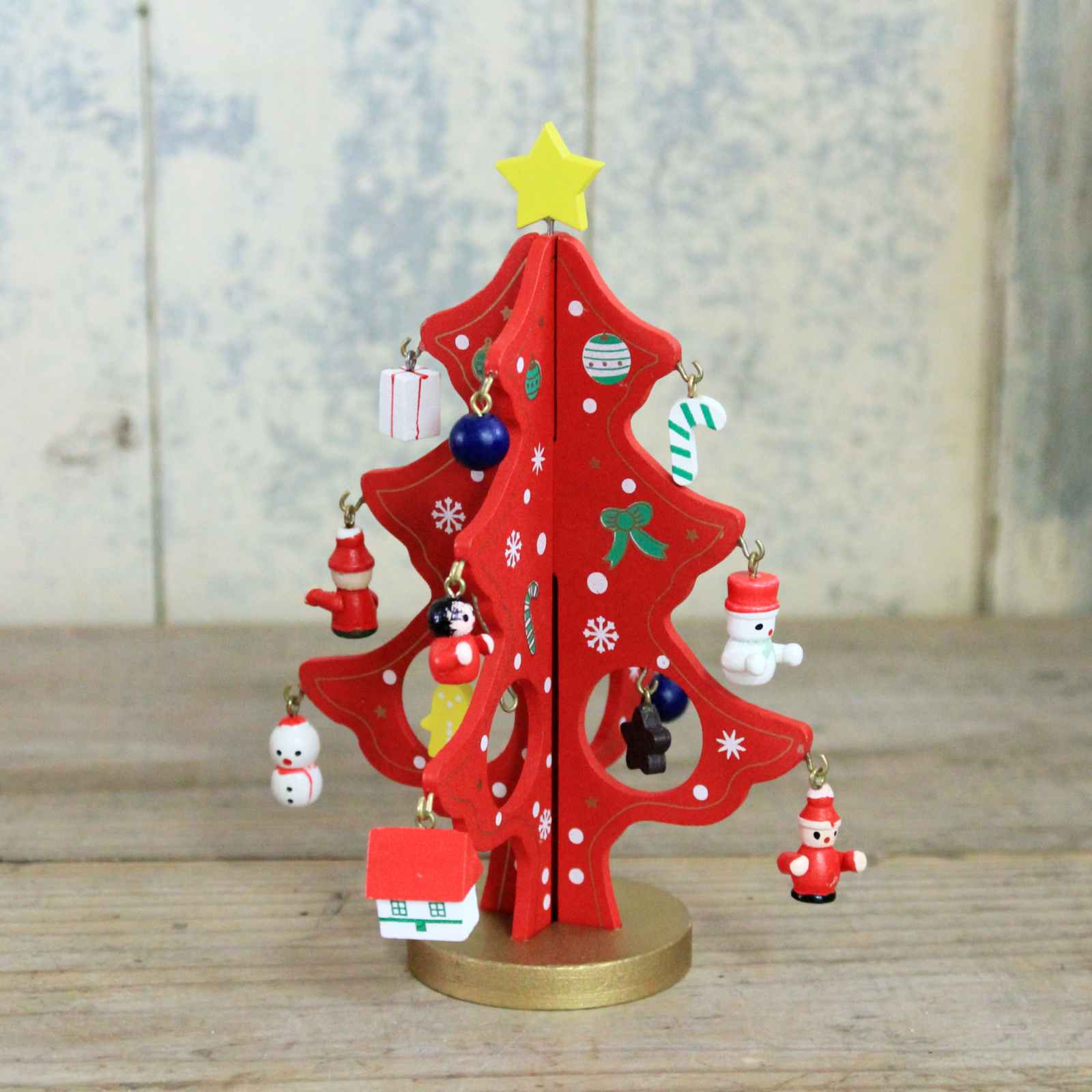 Red Wooden Christmas Tree with Decorations