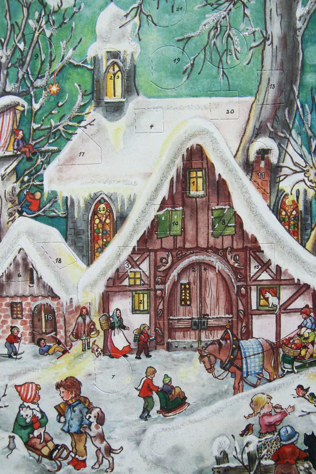 Traditional advent calendar 'Snowy Village' with glitter