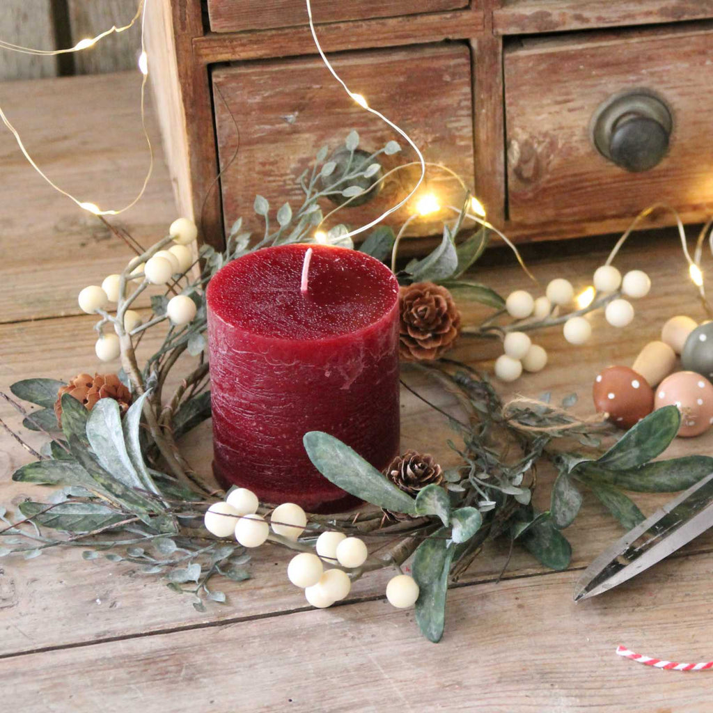 Christmas table display - White Berry Candle Ring with red candle