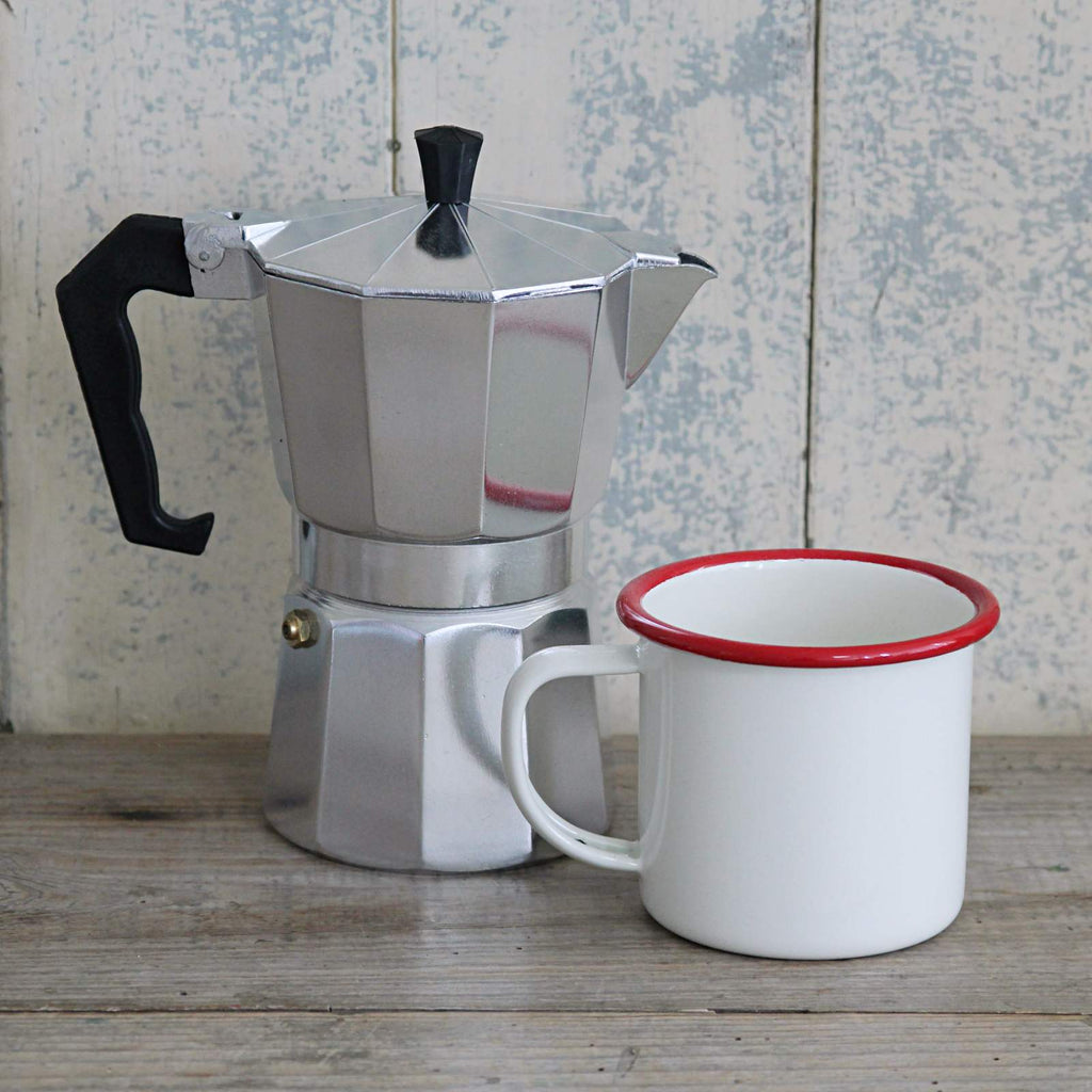 Percolated coffee maker with enamel mug