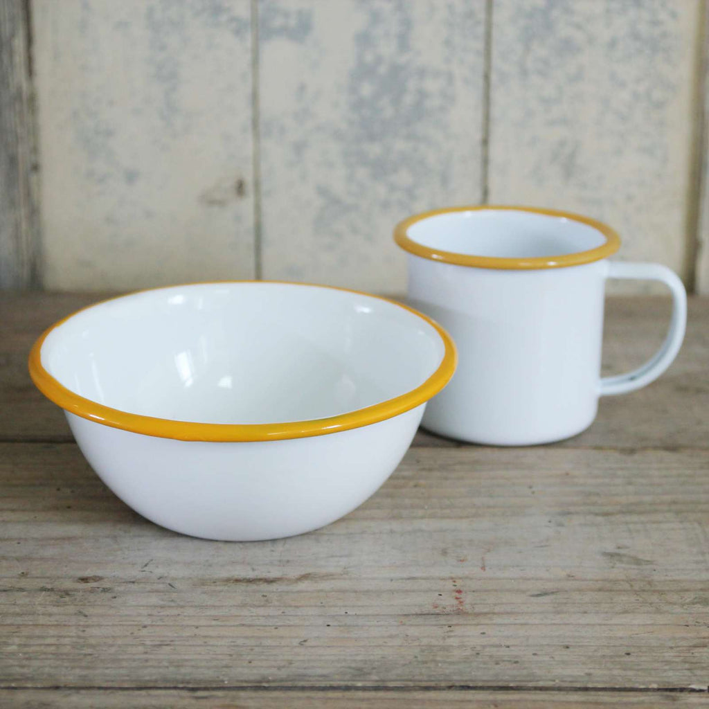 Enamel Cereal Bowl - Mustard Rim and enamel mug