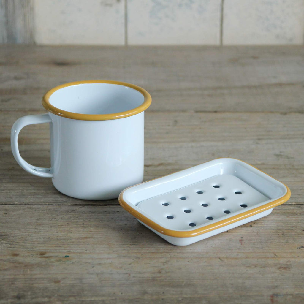 White Enamel Soap Dish - Mustard Rim with enamel mug