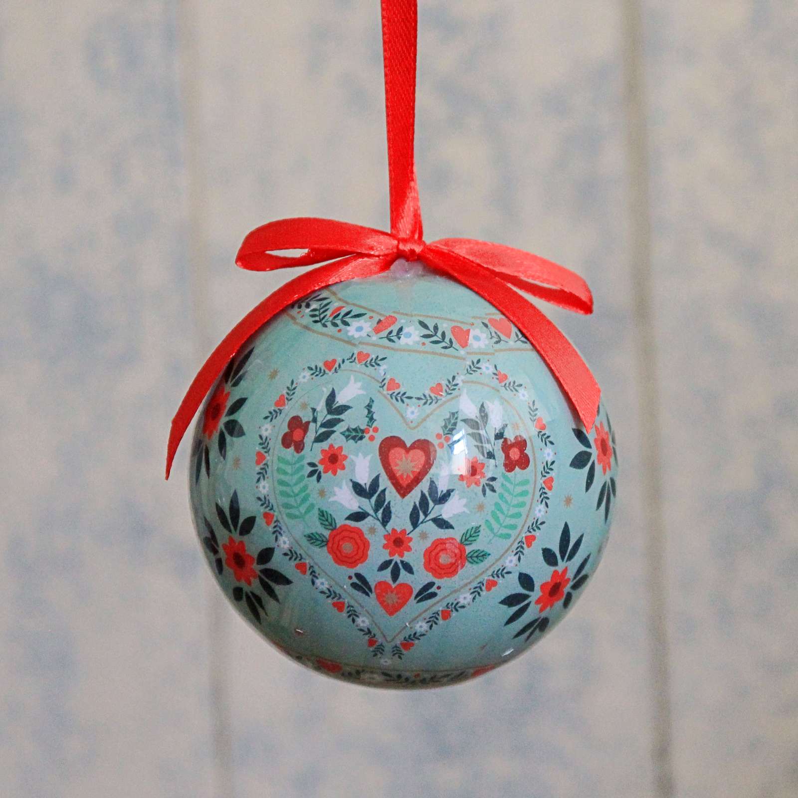 Floral Folk Bauble with Red Bow