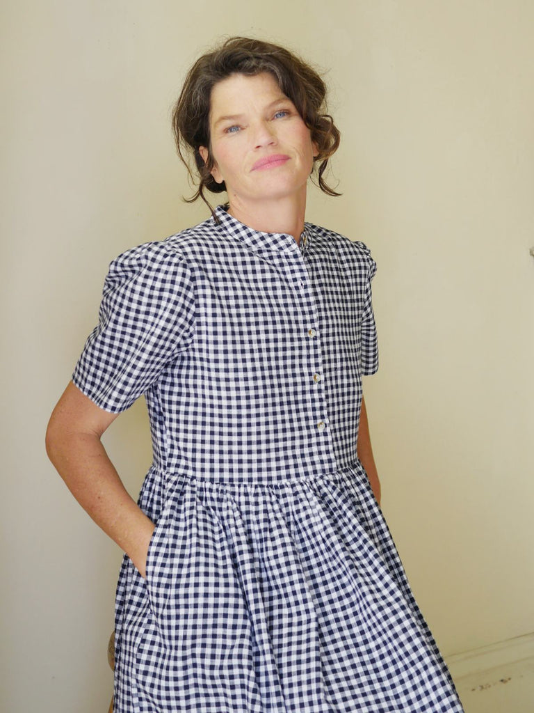 Collarless Midi Dress with buttons - Navy Gingham
